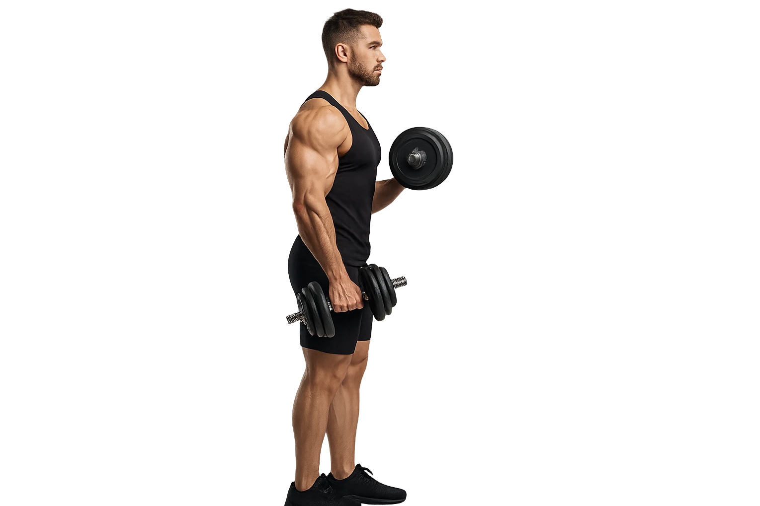 uomo fitness di profilo a figura intera con manubrio da palestra in mano, iperrealistico 4k emoji