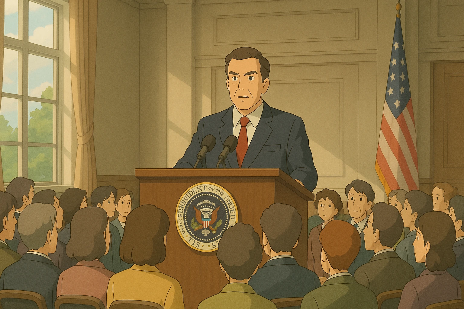 Président s'adressant à la nation, style ghibli, foule attentive, lumière douce, décor institutionnel emoji