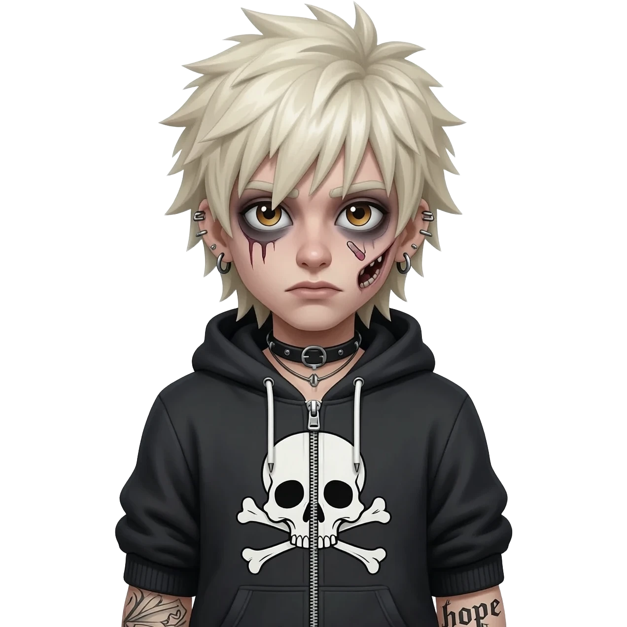 boy zombie spiky long platinum gold hair, hoodie zip is vignette skull wear piercings tatto "hope" emoji