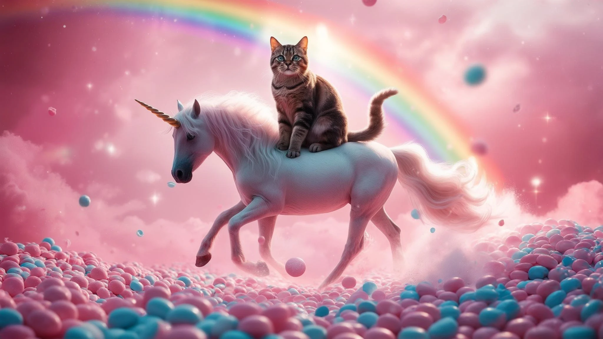 Cinematic still of a cat riding on unicorn around magic pink, and blue candy world, rainbow, dynamic shot emoji