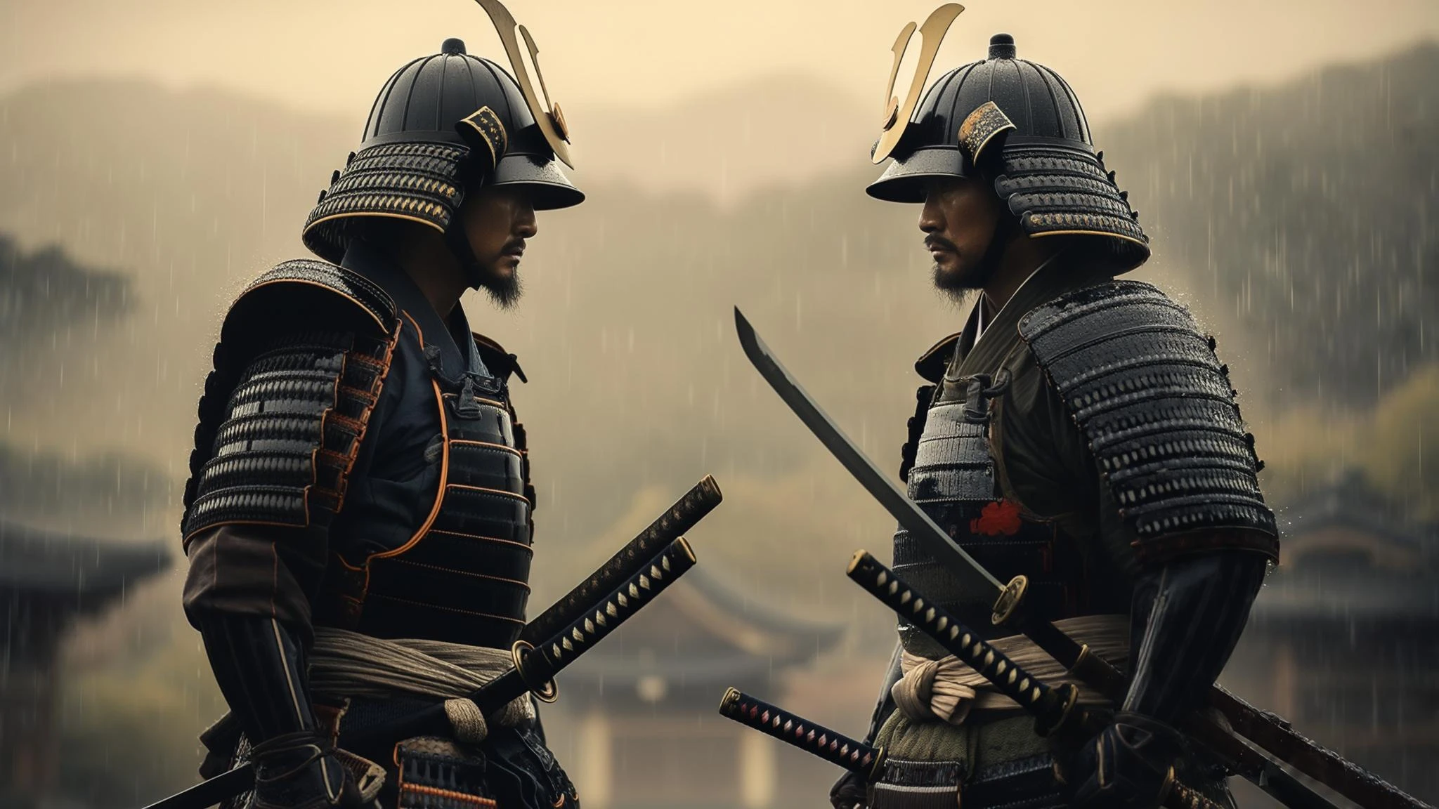 A cinematic scane from 1185, Wide shot of a two japan samurai face to face ready to fight during rain, deph composition, tense atmosphere, captured by by arri alexa, film directed by wes anderson emoji
