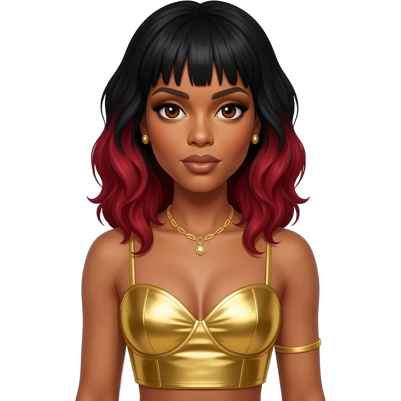 Kelly Rowland with dark brown eyes, black hair with red highlights, gold metallic sweetheart crop top, gold metallic asymmetrical skirt, gold necklace and short earrings emoji
