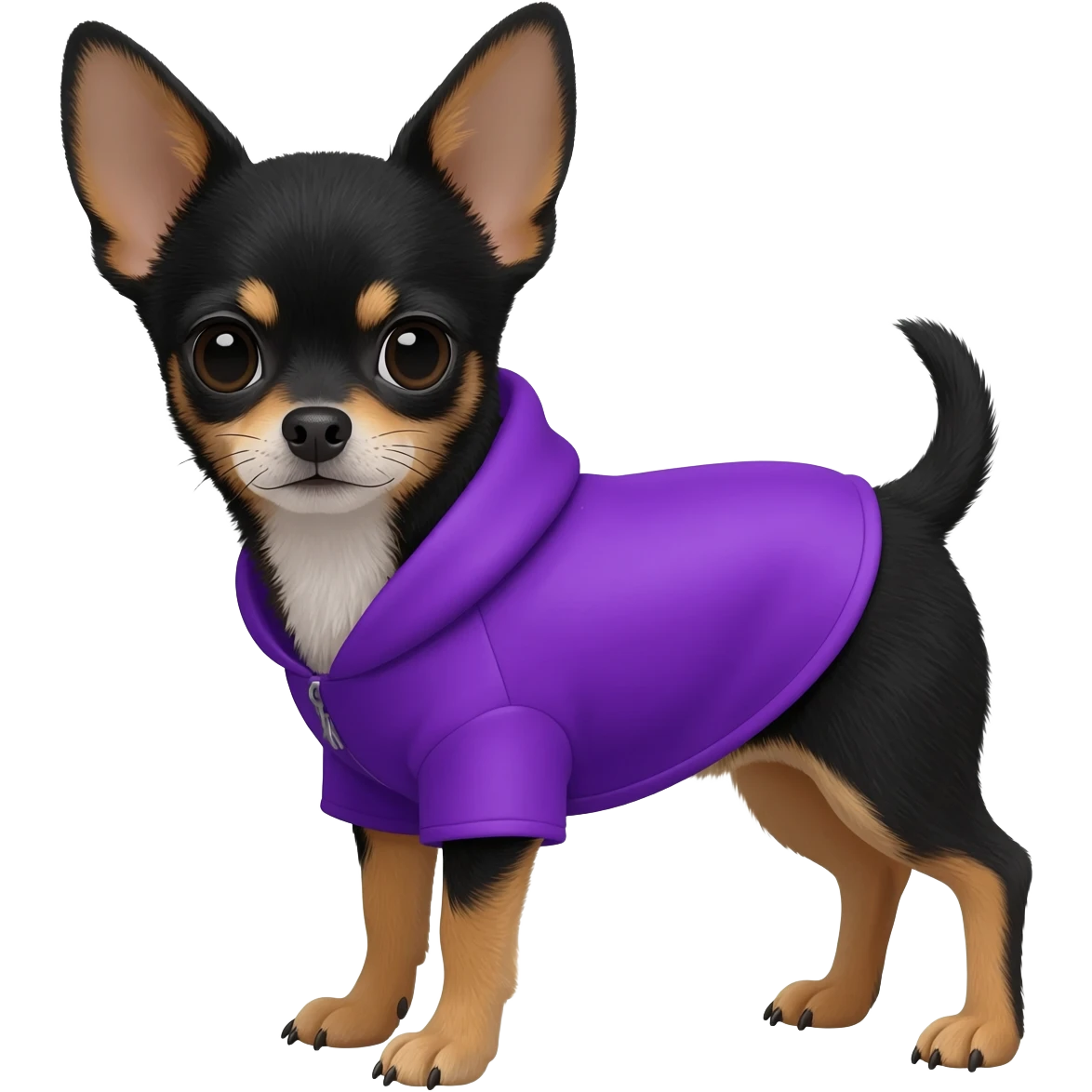 Black chihuahua in a purple coat emoji