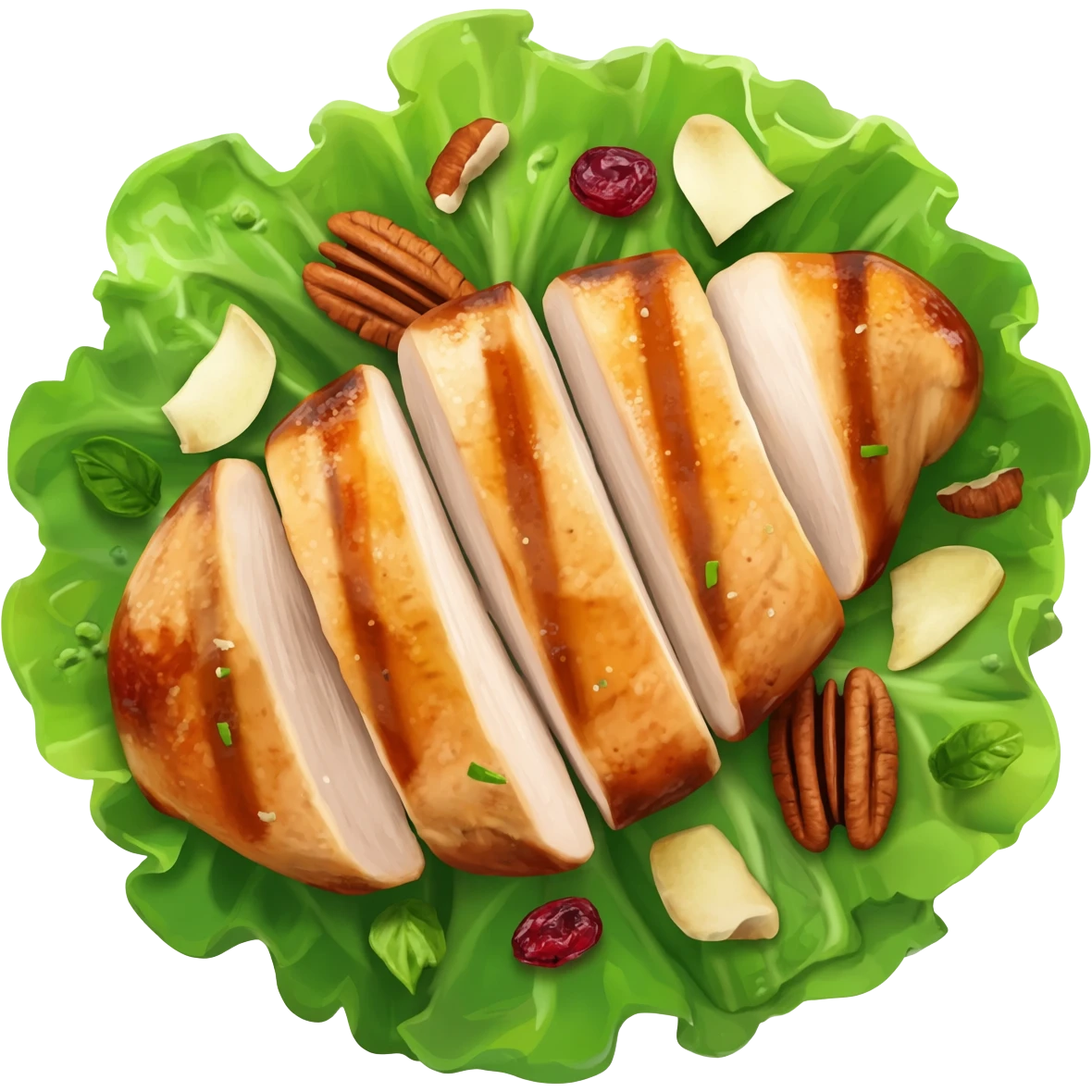 Salad with pecans, grilled chicken, dried cranberries, and apples made with iceberg lettuce emoji