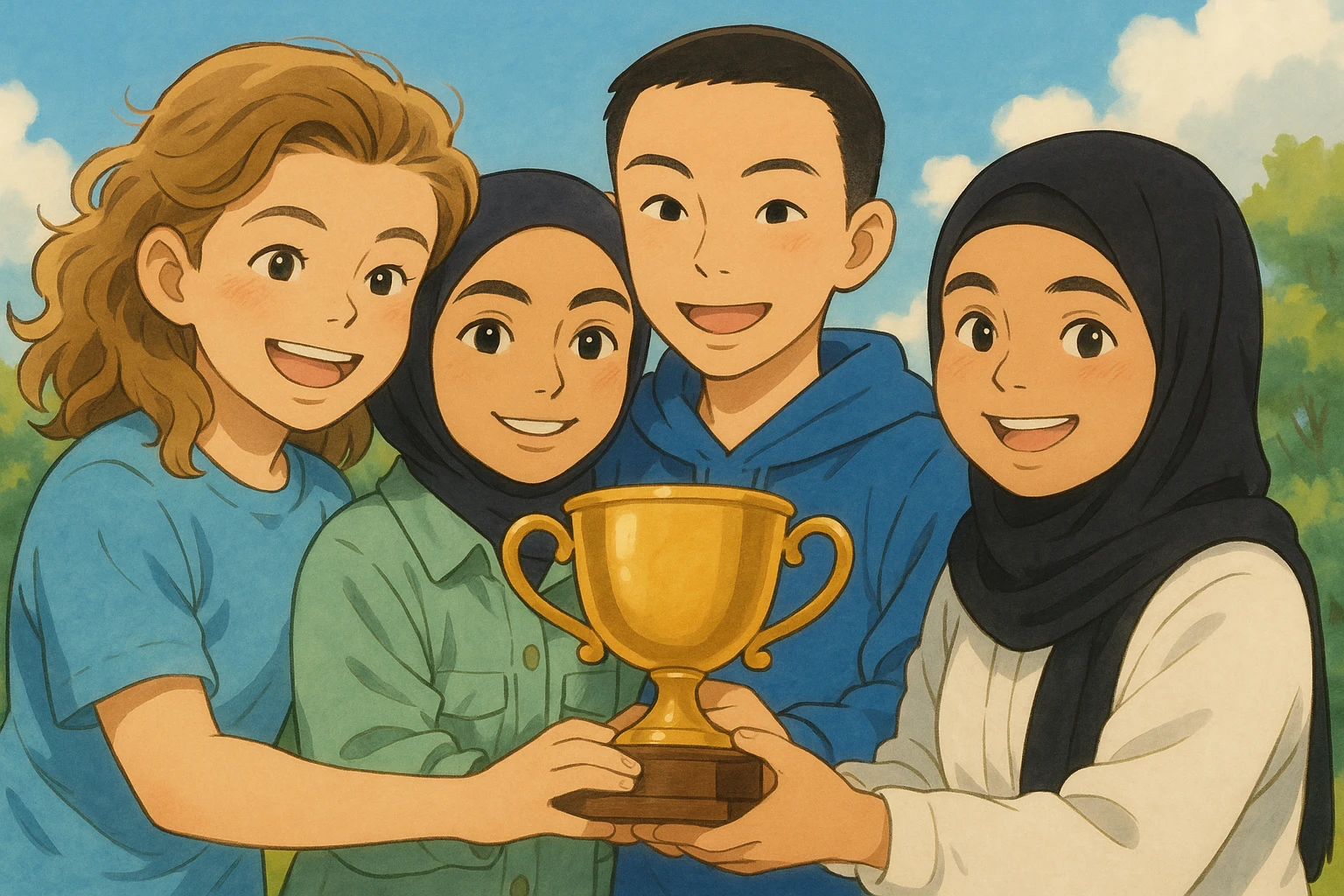 Four characters inspired by the reference photos, in Ghibli style, smiling, holding a trophy together, warm and friendly atmosphere. Generate the first variation. emoji