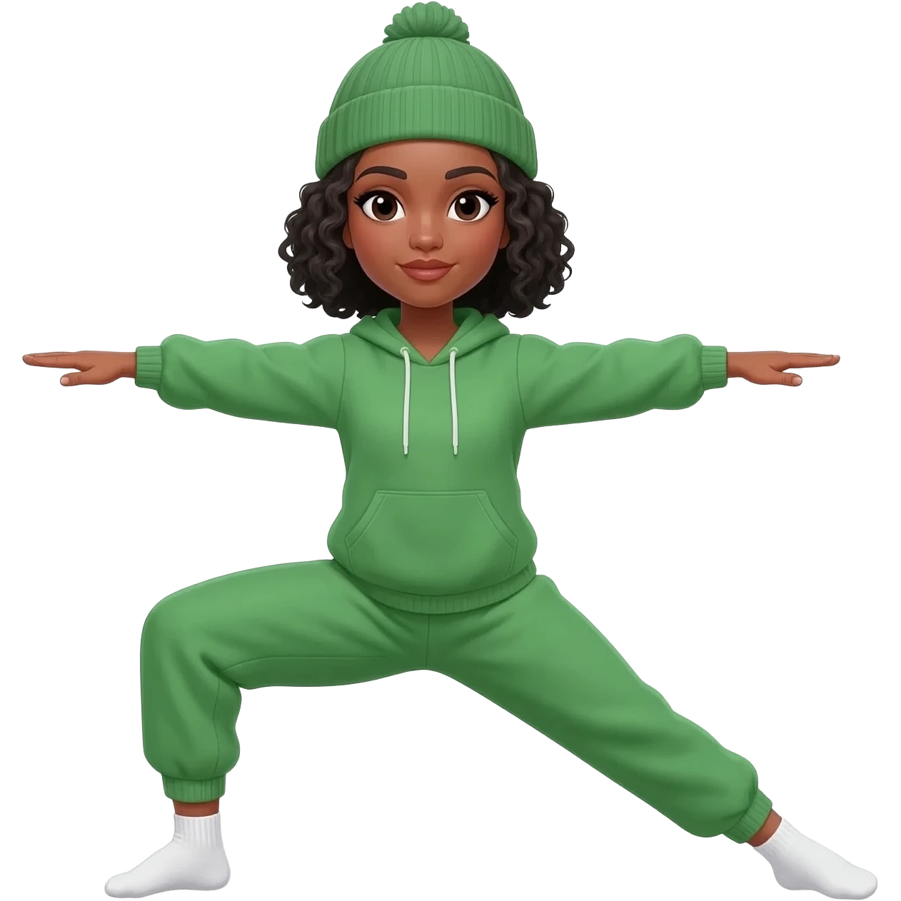 Woman with short black curly neck length hair. Light Tan skin. Wearing a  green sweatsuit and a beanie hat. White socks. Doing a Yoga pose. emoji
