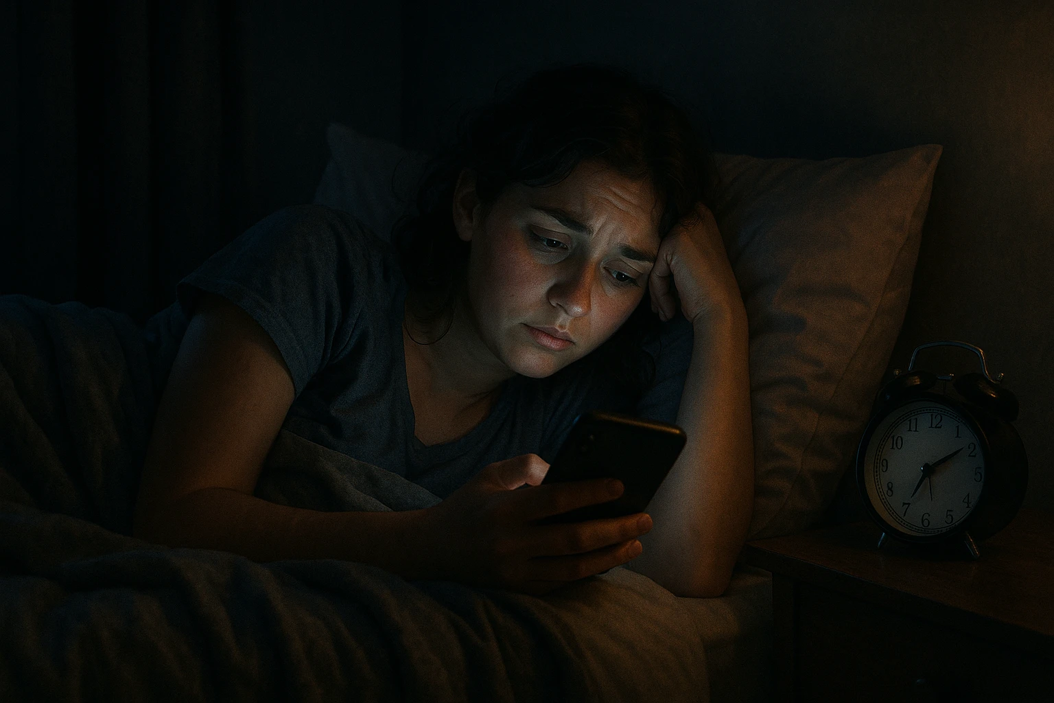 Girl lying in bed, wanting to sleep but not wanting to, staying up late playing with her phone emoji