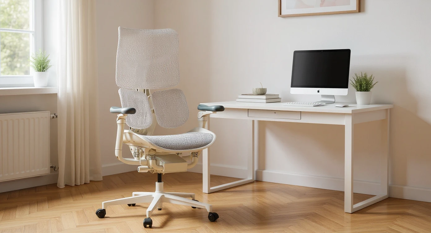 Editorial shot, Make this chair next to desk with mac setup, minimalistic room, bright and warm emoji