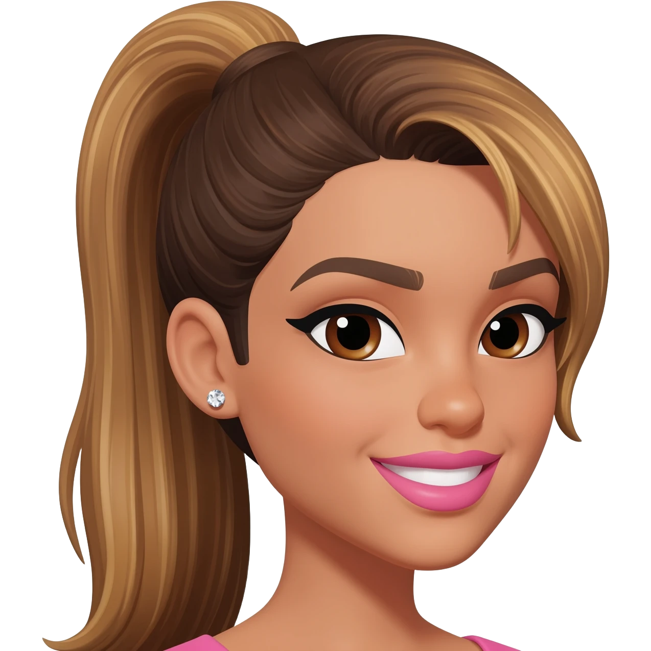 brunette with long golden brown hair with light brown roots in a sleek high ponytail, dark brown eyes, medium brown eyelash color, full lips, small button nose, fair olive color skin, with full eye lashes, diamond earring studs, with pink lipstick, nice smile, with light brown eyebrows emoji