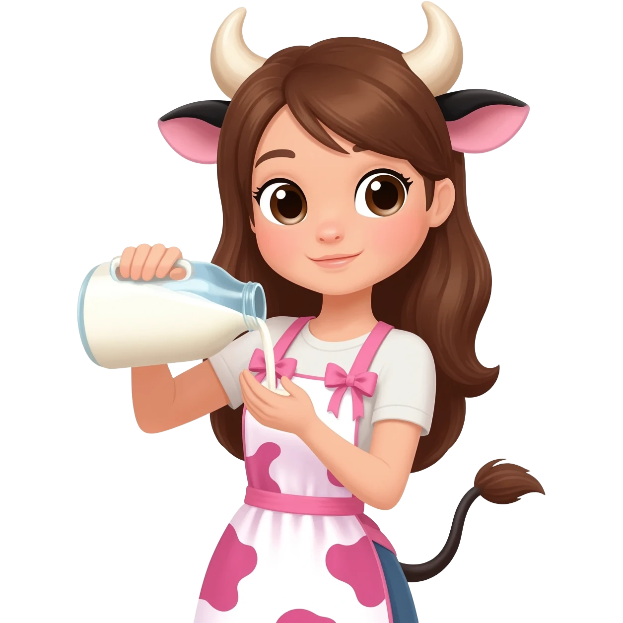 pretty woman with cow horns and cow ears and cow tail in cute apron with pink cow print and ribbons pours milk emoji
