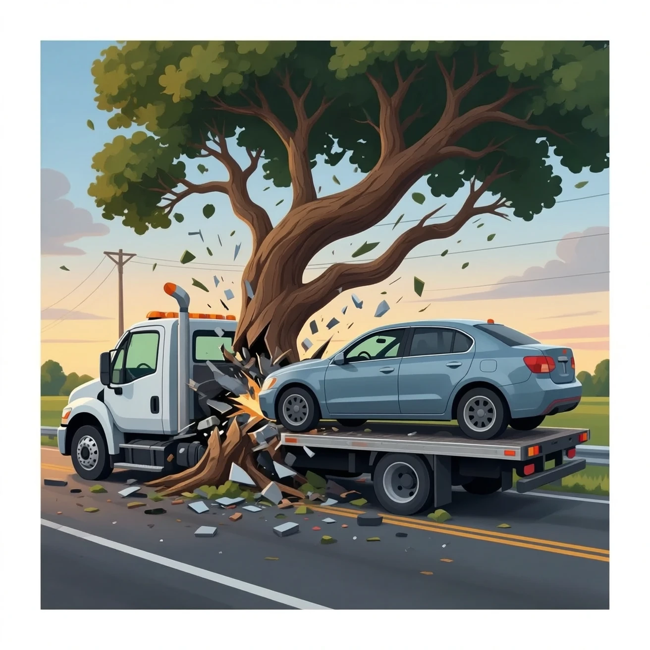 A Car with a tow truck crash into a B.I.G Tree emoji