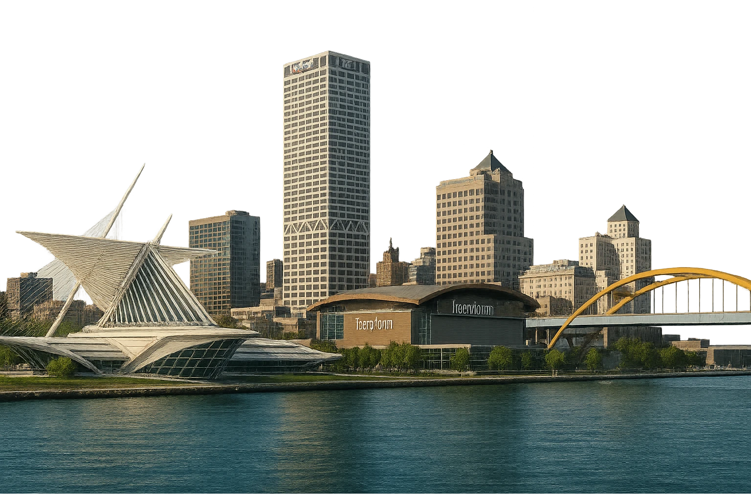 cinematic realistic emoji of Milwaukee wide city view with iconic landmarks Milwaukee Art Museum Fiserv Forum US Bank Center Hoan Bridge lifelike detail accurate colors bright daytime lighting no sky no clouds no city name label emoji