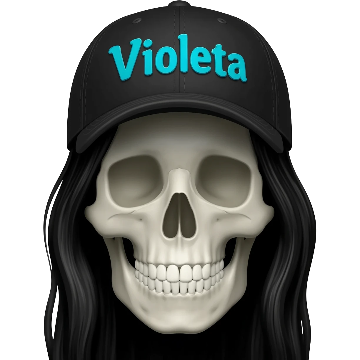 Create a skeleton head wearing a black baseball cap that says "Violeta" in teal blue lettering, with long black hair emoji