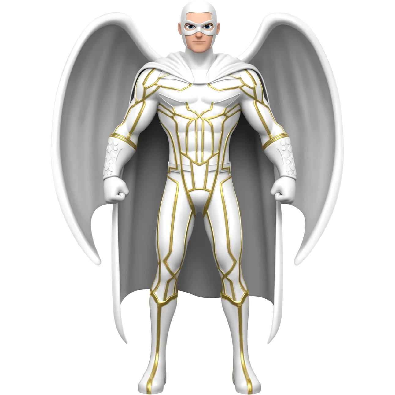 Superhero suite male all white and gold lines very tall long white cost and wing full white masks full body emoji