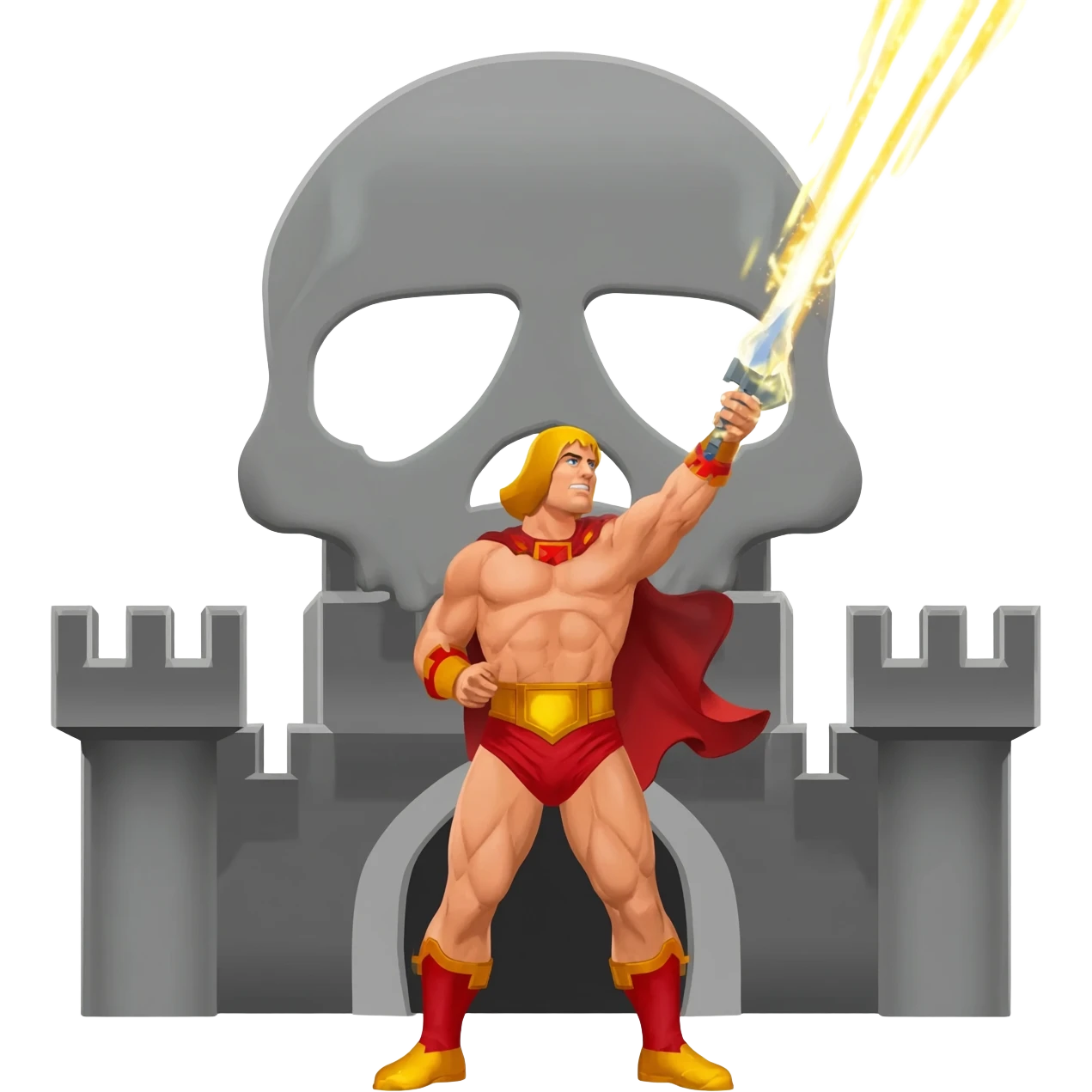 He-man in red cape holding up sword with power color shooting from sword towards sky in front of a large skull shaped gray castle emoji