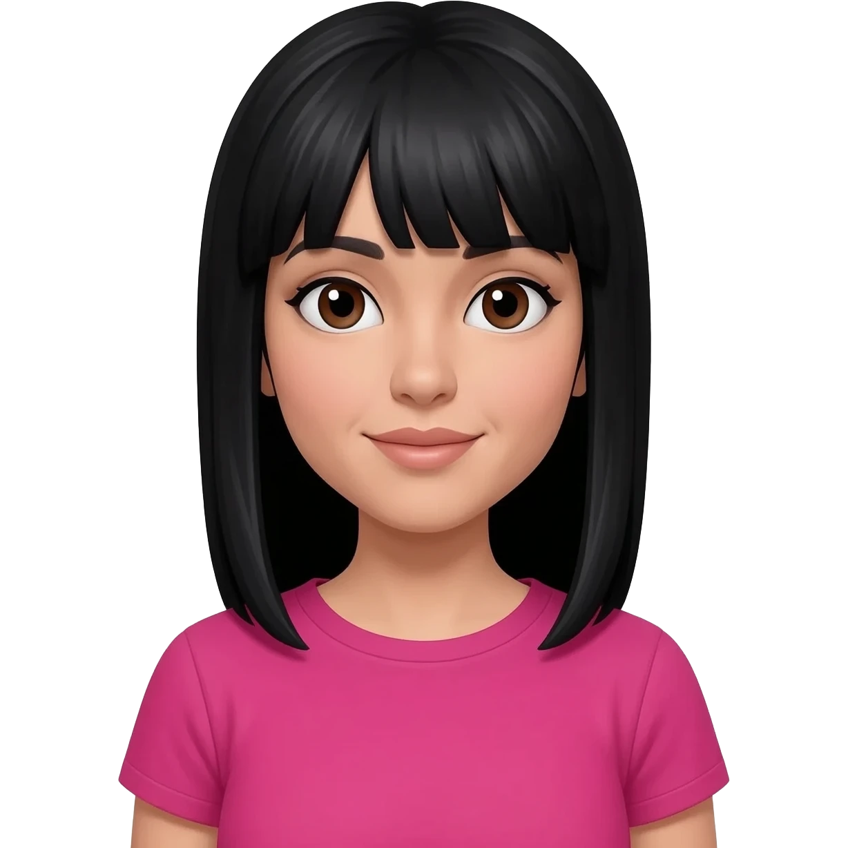 una mujer pelo liso negro    ojos cafe polera rosada fuccsia emoji