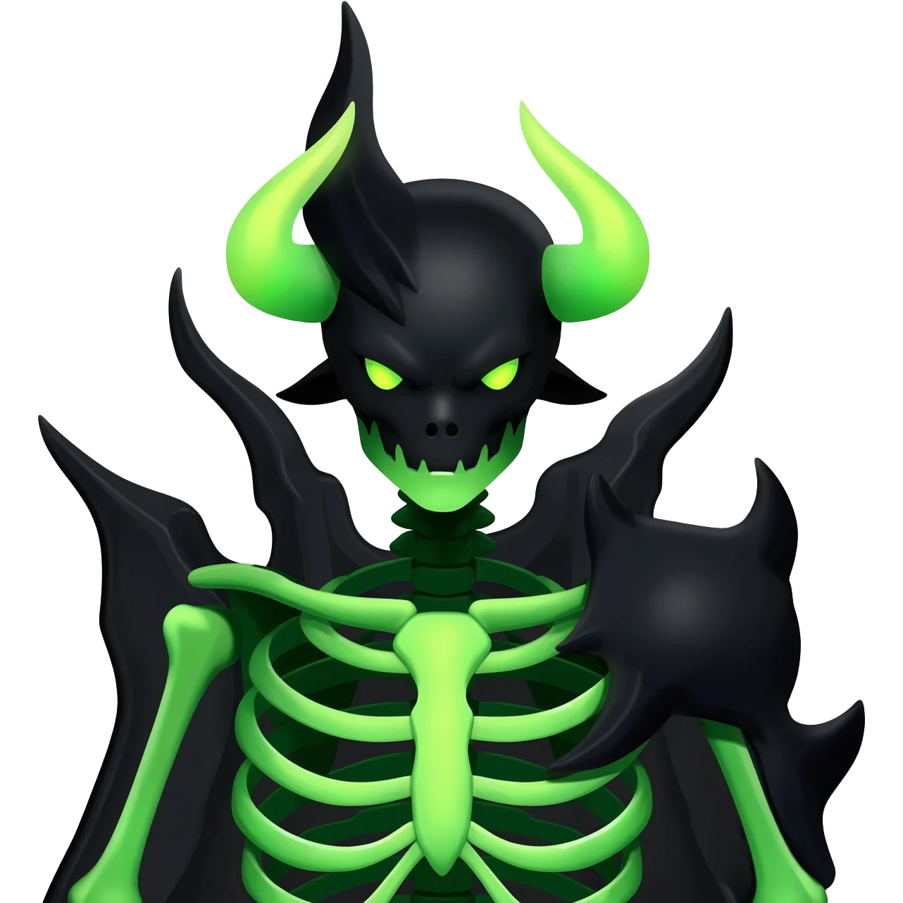 Horned Evil Cool Handsome Badass Edgy Obsidian-black and neon-glowing-green skeletal Meloetta-Salandit-Gorebyss-Zygarde-Pokémon-Fakémon-creature-fusion-hybrid emoji