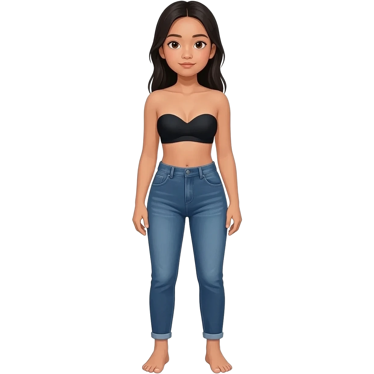 Filipino girl black bra strapless top and high waisted denim jeans  with feet stand straight body emoji