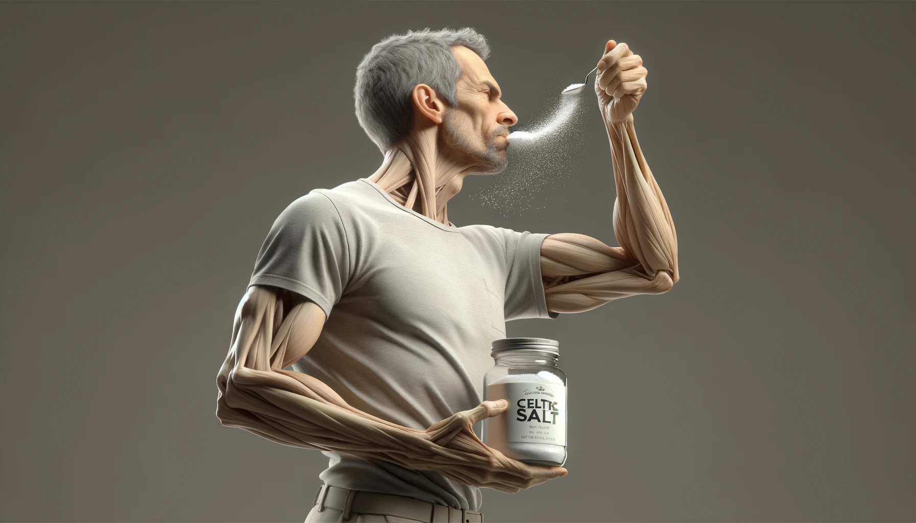 A REALISTIC ANATOMIC human body holding a jar with "CELTIC SALT" written on the label, he throws it in his mouth DURING BREAKFAST, NEUTRAL CLEAR BACKGROUND emoji