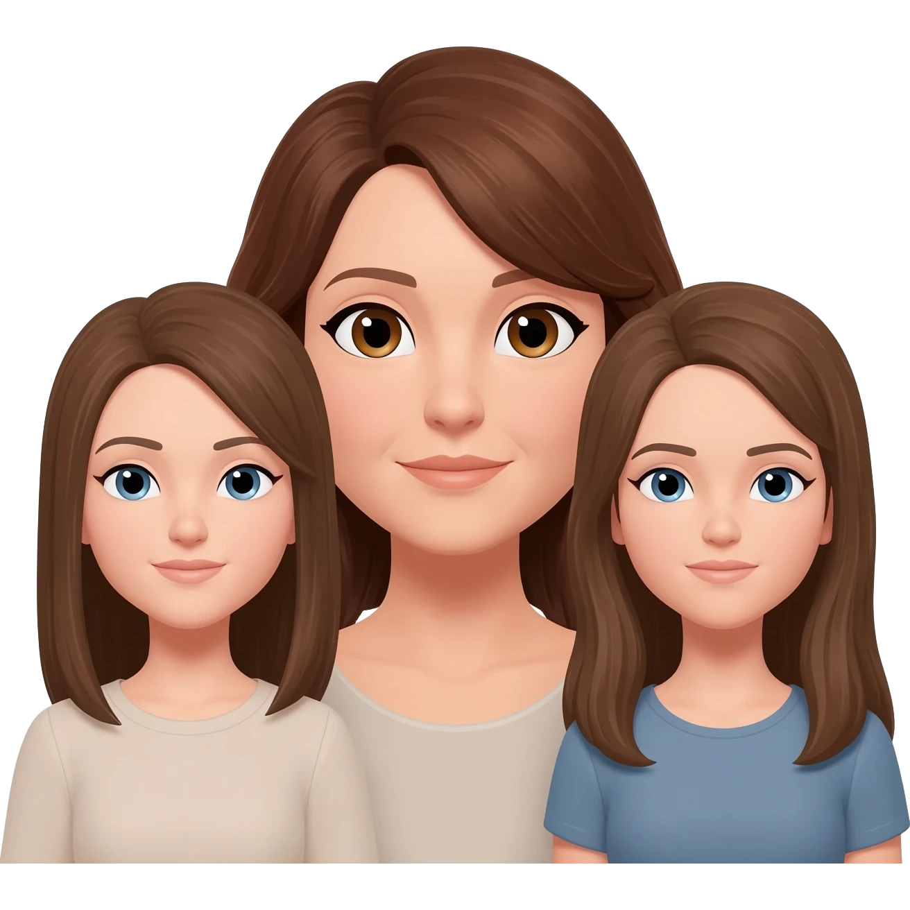 Mom (brown hair and brown eyes) and two 25 year old adult daughters (brown hair and blue eyes) all with pale skin emoji
