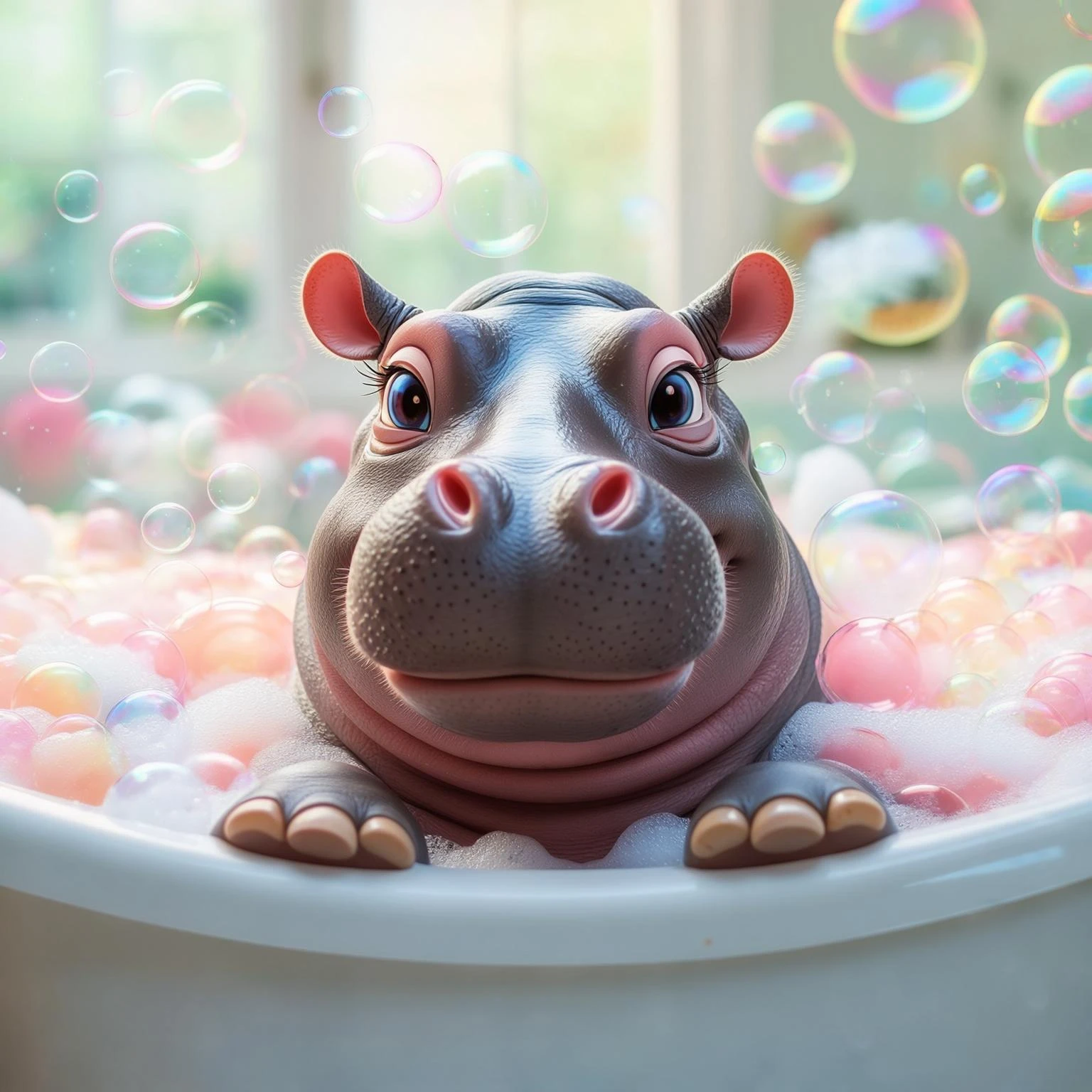 happy hippo with bubbles in bathtub emoji