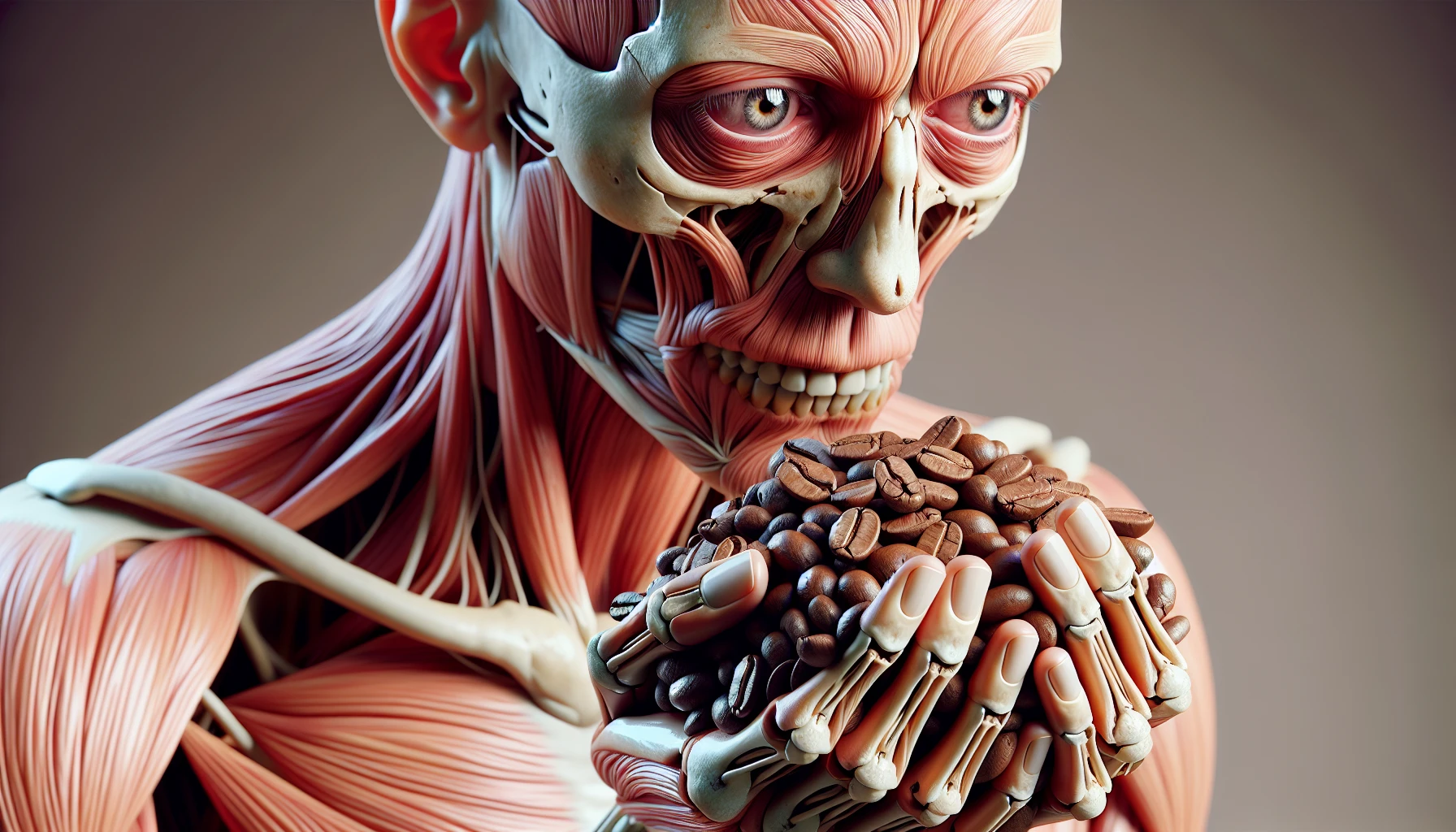 corpo umano anatomico che tiene in mano una manciata di chicchi di caffè e la guarda come se fosse dipendente da essa, stralunato, iperrealistico 4k emoji