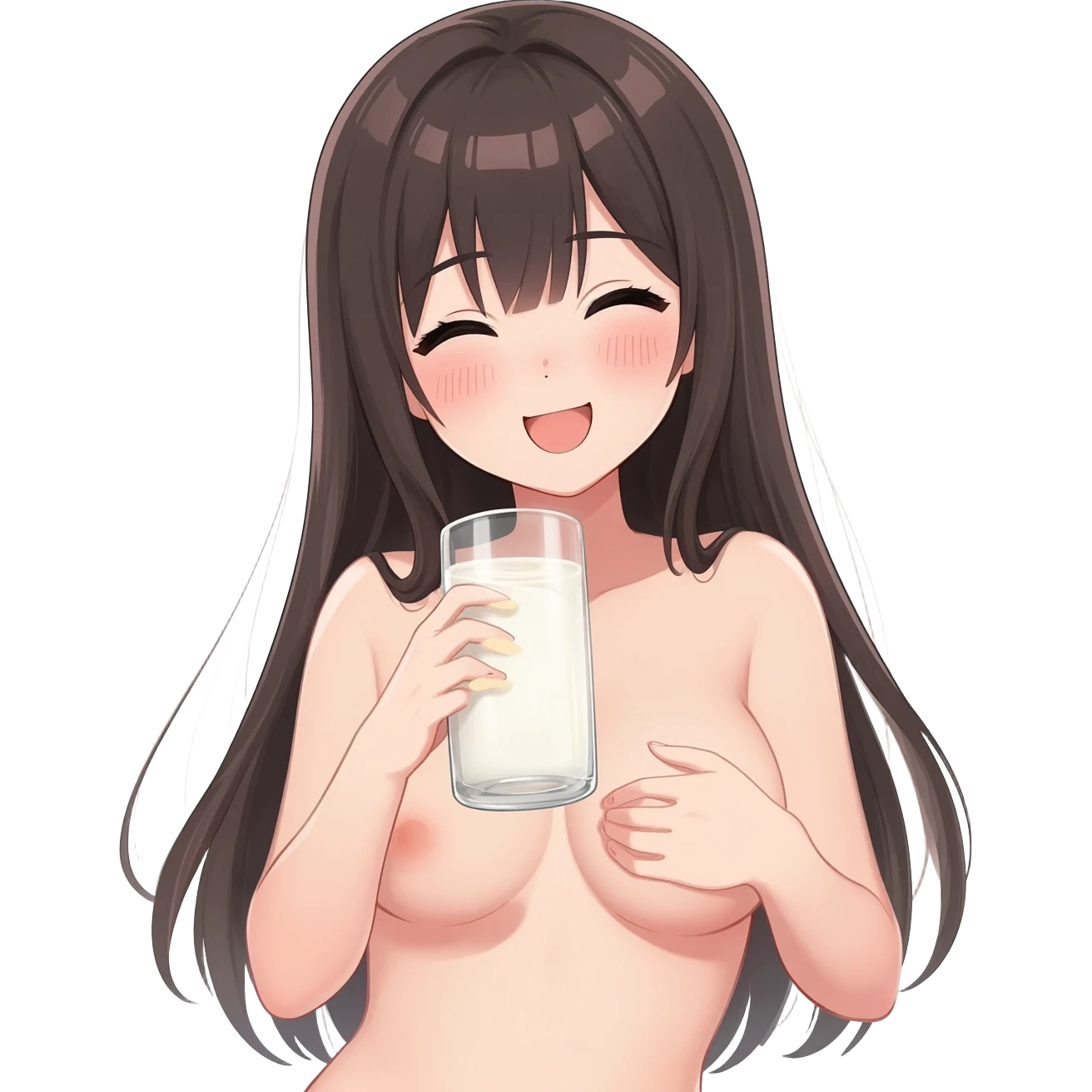 Anime girl long hair holding her breast milkand urine in 2glasses blushes and giggles complete nude   body emoji