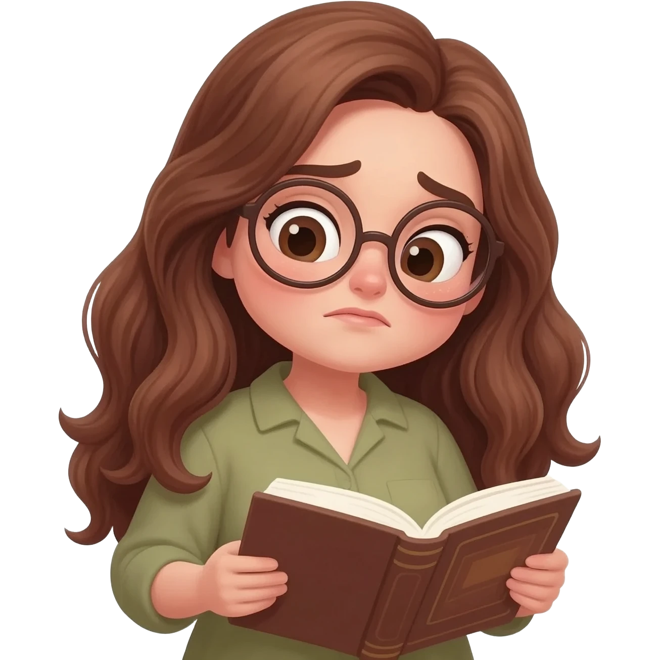 detailed emoji illustration of a curvy woman with long chestnut brown wavy hair, light brown eyes and round glasses reading a book with an emotional expression, touched by the story, emoji style emoji