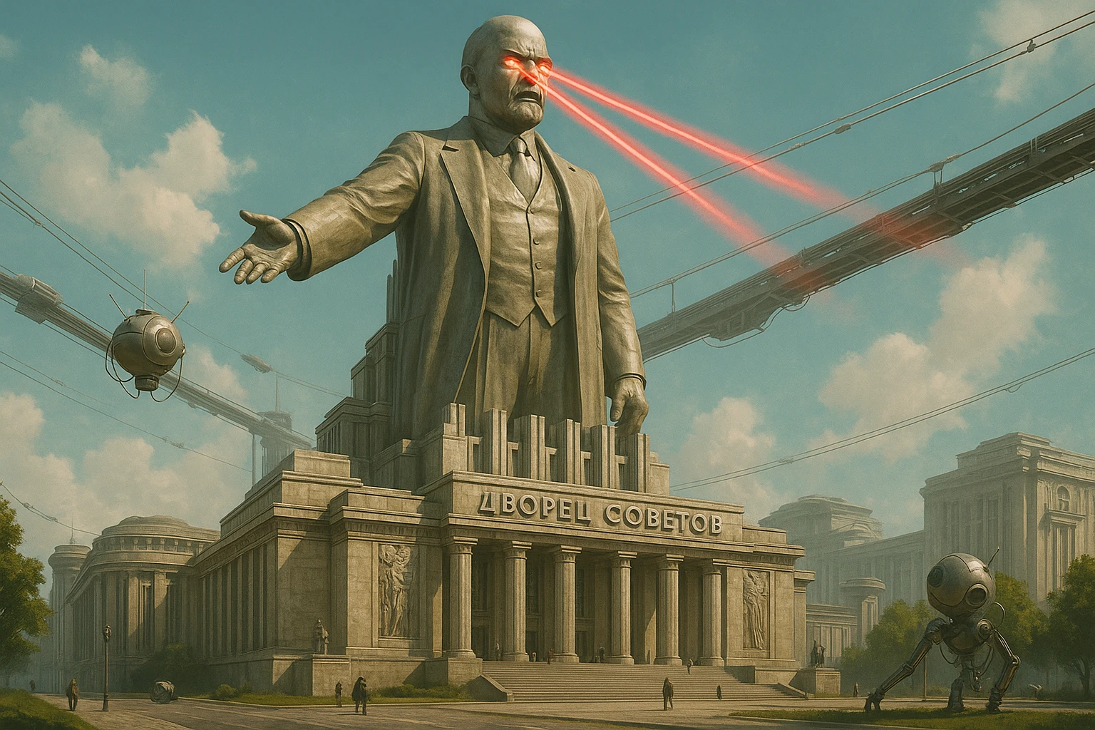 Дворец Советов реалистичный, как на фото. В стиле Atomic Heart, ретрокиберпанк. Упор на 100-метровую фигуру Ленина, у которой из глаз прожекторы лазерные. Светло, день emoji