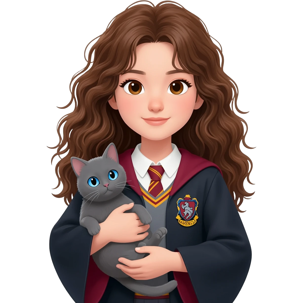 Asian girl with long messy wavy brown hair and brown eyes wearing RAVENCLAW (not Gryffindor) uniform, holding a gray cat with blue eyes in hands emoji
