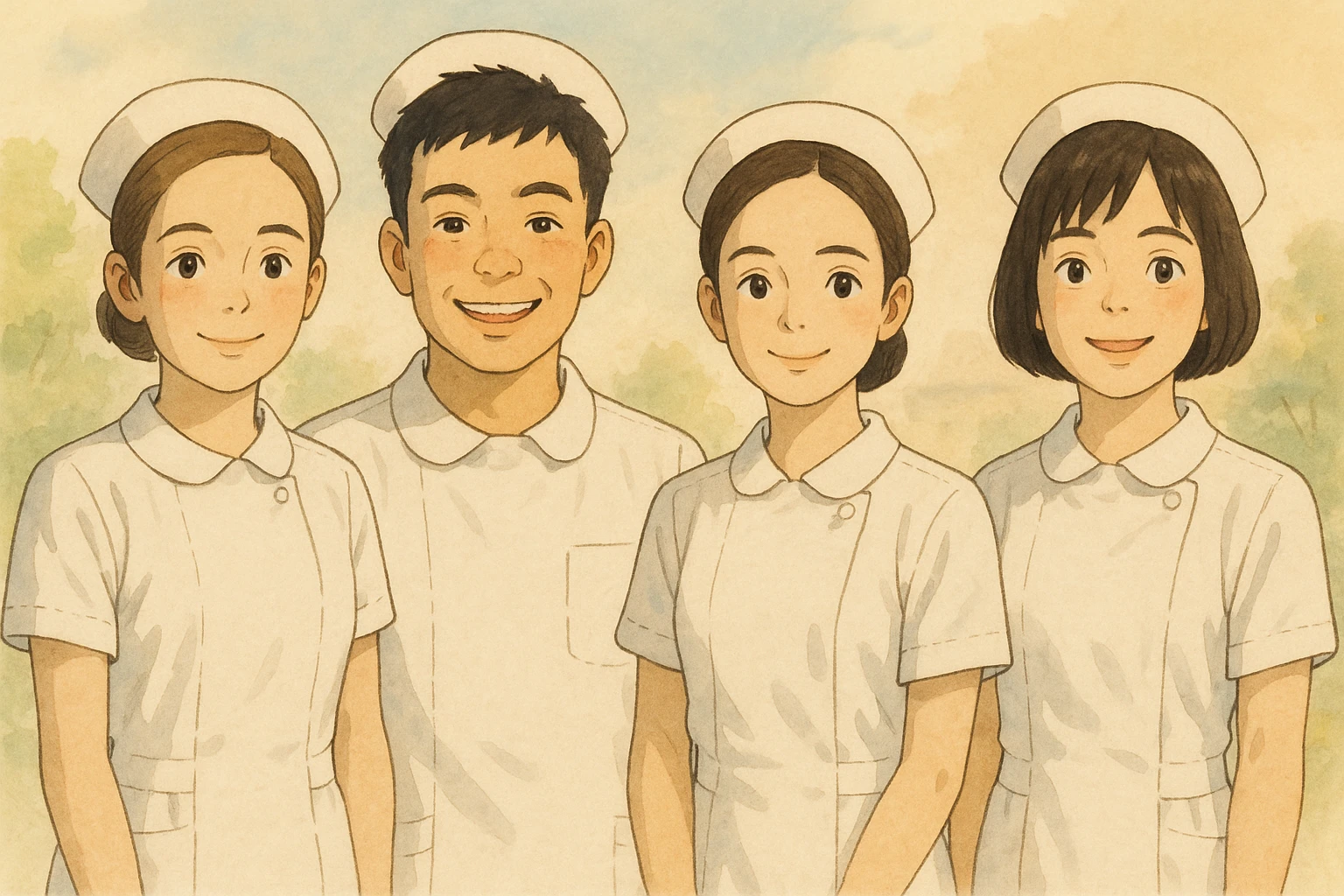 Four nursing students inspired by the faces of four photos, wearing complete white short-sleeve uniforms (visible arms), no stethoscope, lined up in a row, smiling, no touching, warm atmosphere, Ghibli style, soft background. emoji