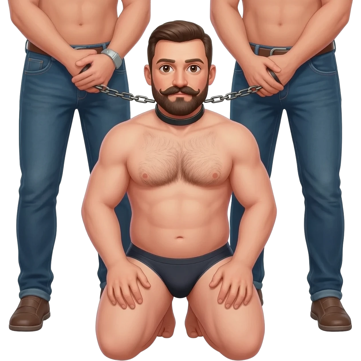 Bald stocky 35 year old man on his knees with mustache and beard in underwear and slightly hairy chest in a collar and leash controlled by 2 taller men in jeans emoji