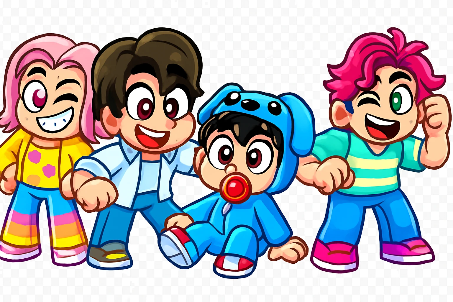 Extract every character from the background, including the clothes and accessories they are wearing, and place on a transparent background. Keep the original style and appearance exactly the same. and separately give me the picture

 emoji