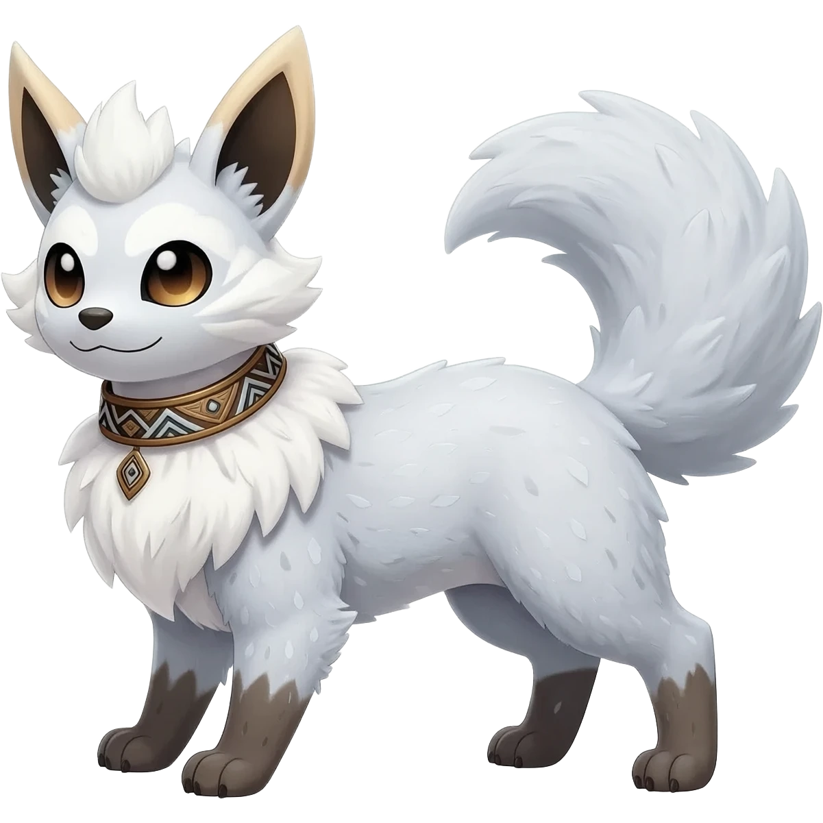 Rare colorful white exotic cute epic aesthetic gothic colorful Salandit-Eevee-Civet-species-Fakemon-hybrid-creature, with a collar, and with intricate tribal markings, full body emoji
