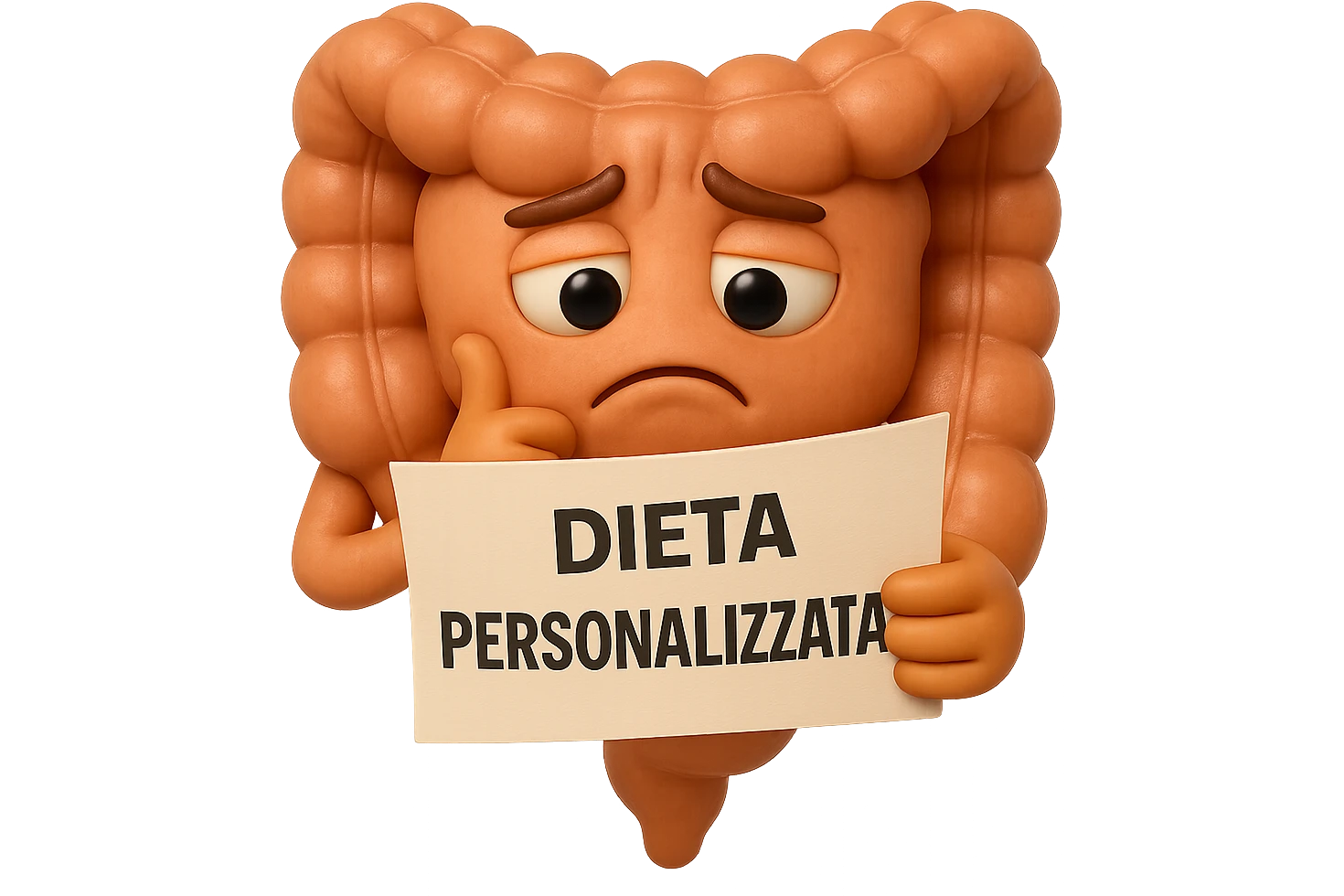 emoji stile iphone 3d di un intestino con mal di pancia che legge un foglio con la scritta "DIETA PERSONALIZZATA", ESPRESSIONE PENSIEROSA, iperrealistico 4k emoji