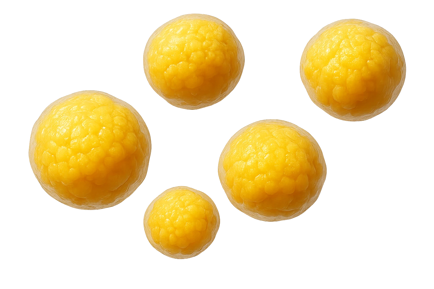 CINQUE CELLULE DI GRASSO GIALLE ANATOMICHE REALISTICHE FLUTTUANO IN ARIA, iperrealistico 4k, ISOLATA SU SFONDO BIANCO emoji