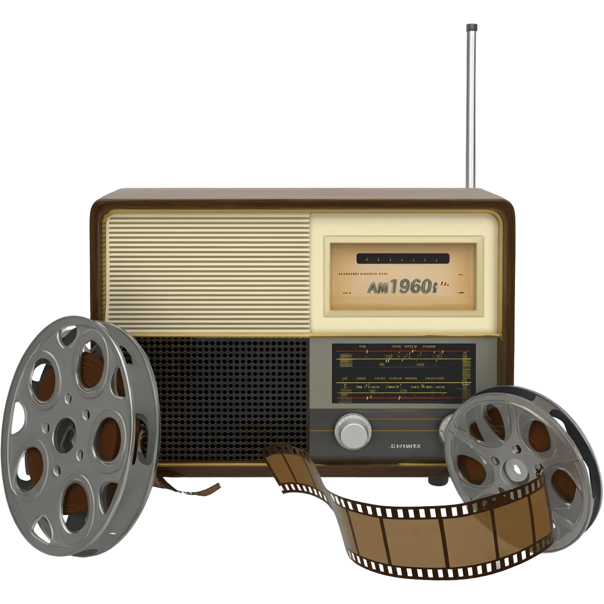 una radio que en su visor dice AM1960 en su rededor rollos de películas emoji