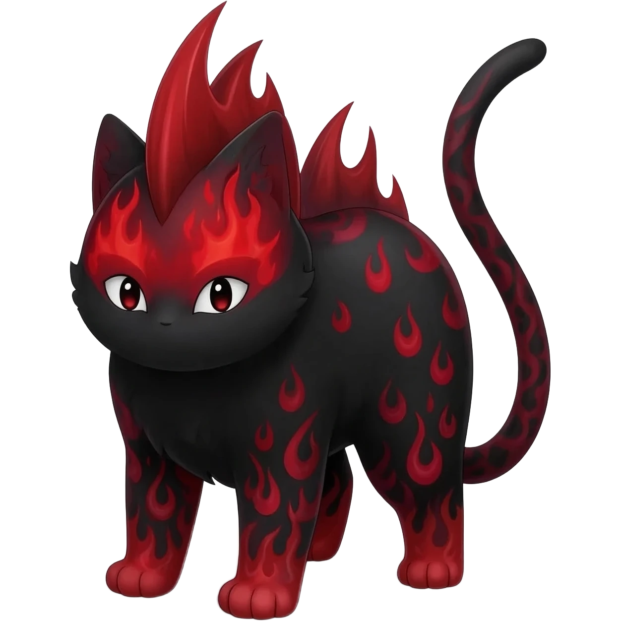 Cherry-Red and Jet-Black Fierce Fiery Mohawked Gothic Salandit-Litten-Torracat-hybrid-creature (full body) emoji
