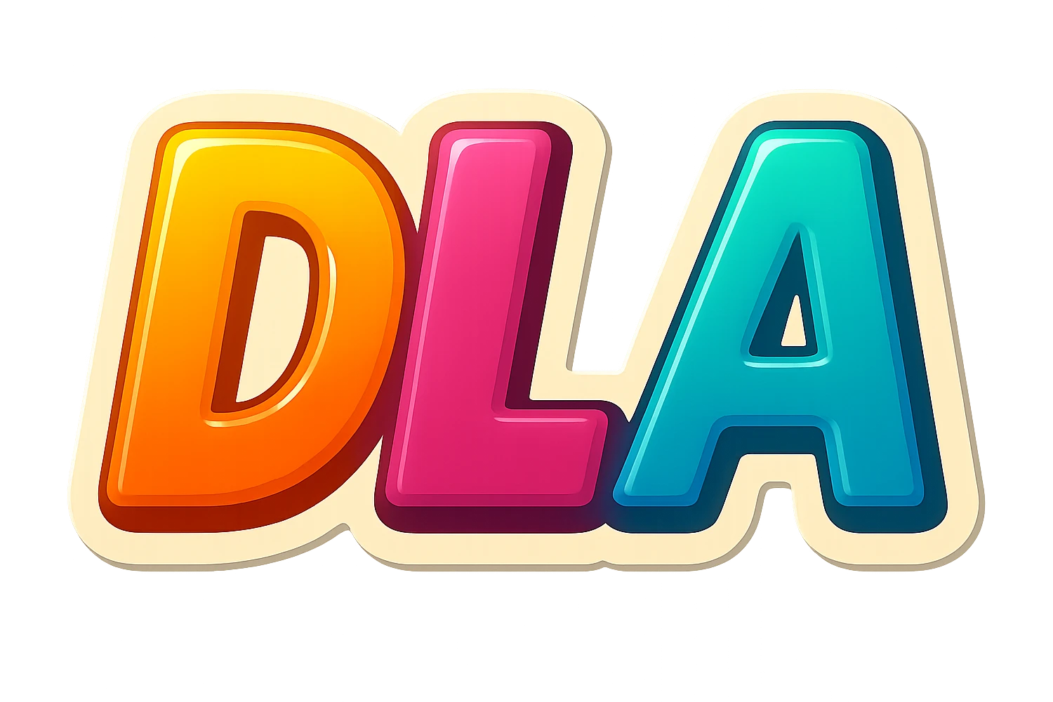 letters 'DLA' in retro sticker style, each letter a different bright color, thick white outline, drop shadow, classic sticker look emoji