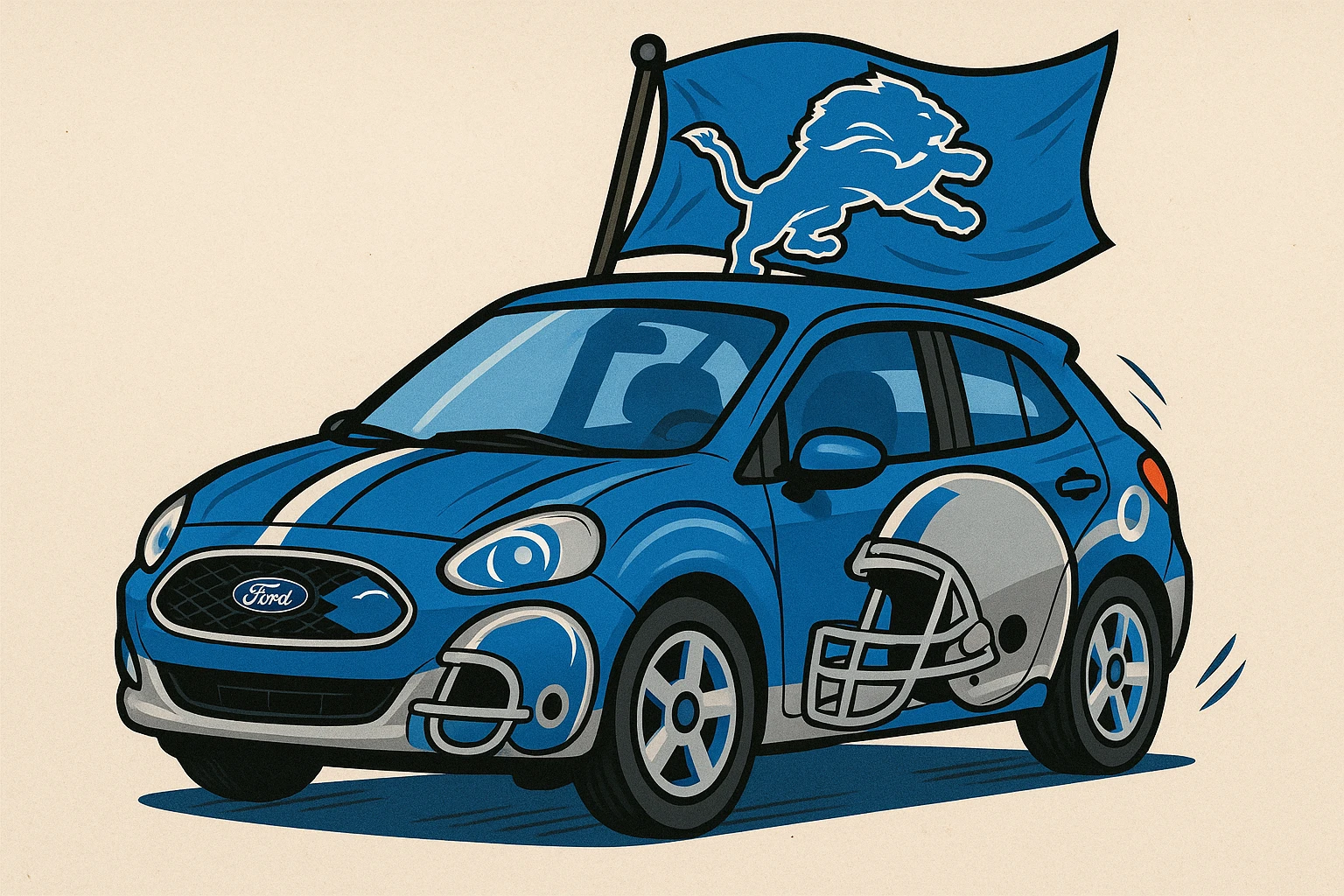 A Ford car in blue and silver, Detroit Lions flag on the roof, football helmet details, fun and spirited. emoji