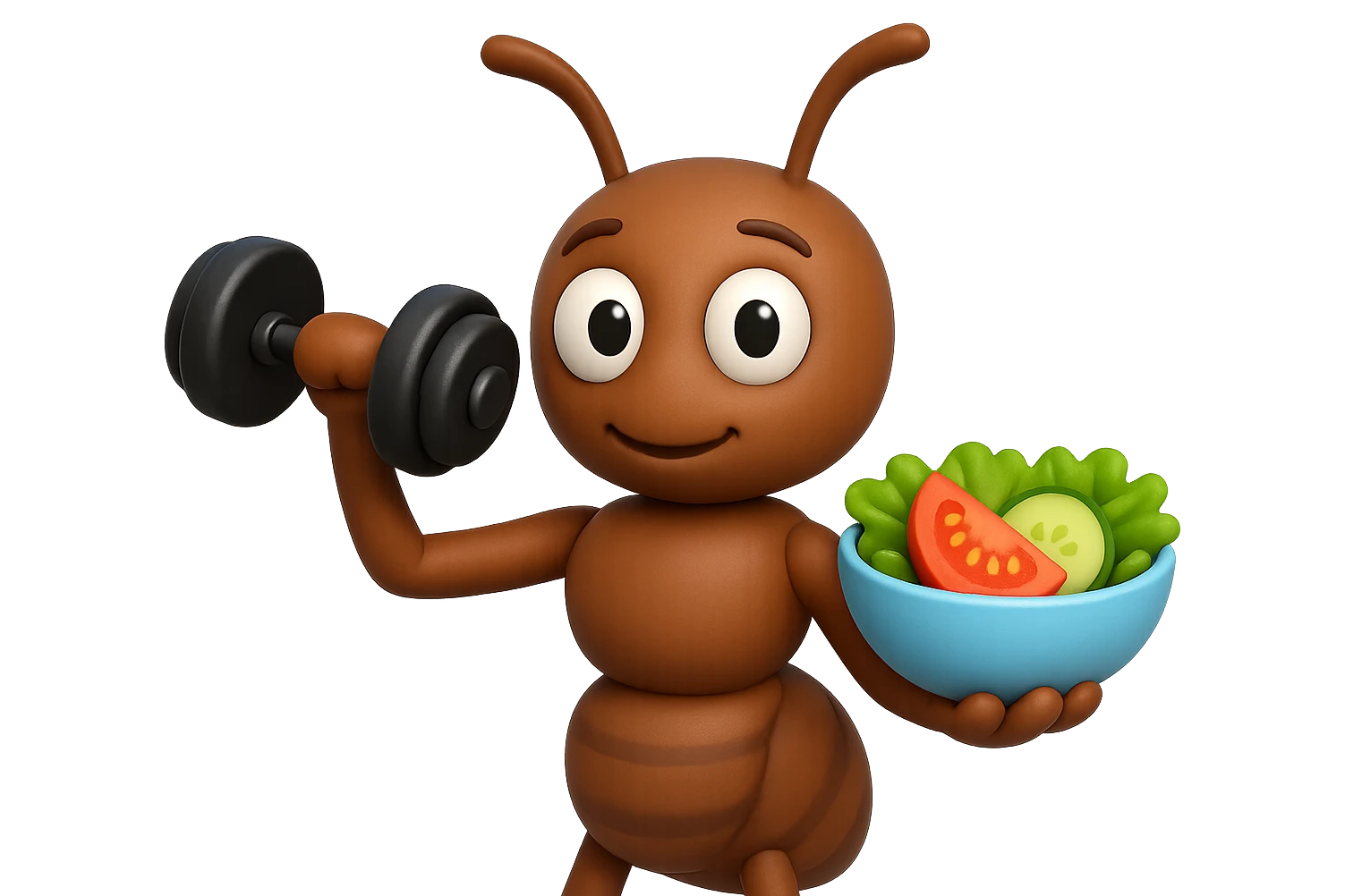 EMOJI STILE IPHONE 3D DI UNA formica CHE ha un manubrio da palestra nella mano destra e un insalata nella mano sinistra, FAGLI GLI OCCHI CON LA PARTE BIANCA, NON SOLO LA PUPILLA emoji