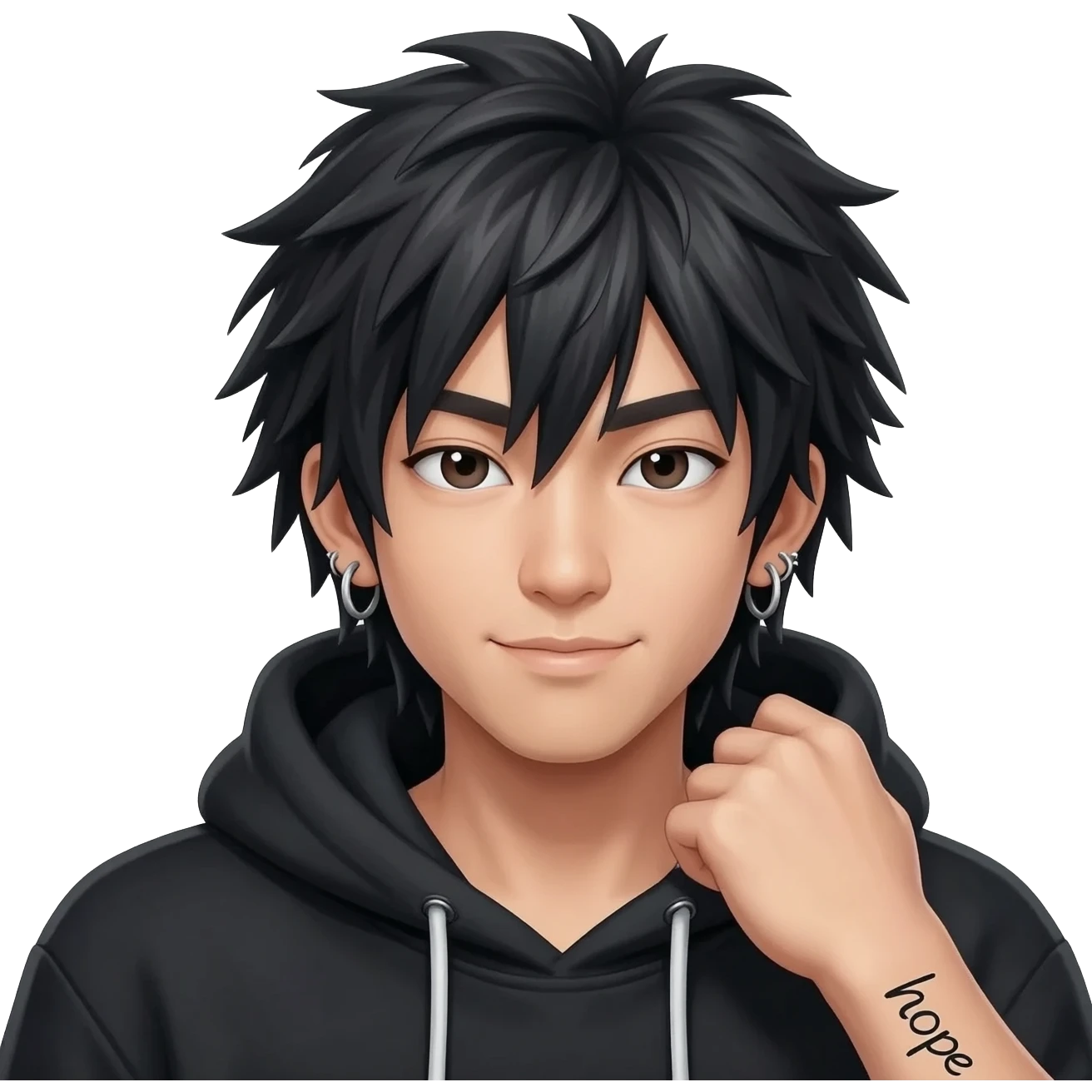 japan boy with spiky long hair and black hoodie zip one-sided earrings tattoo with the word "hope". cool face emoji