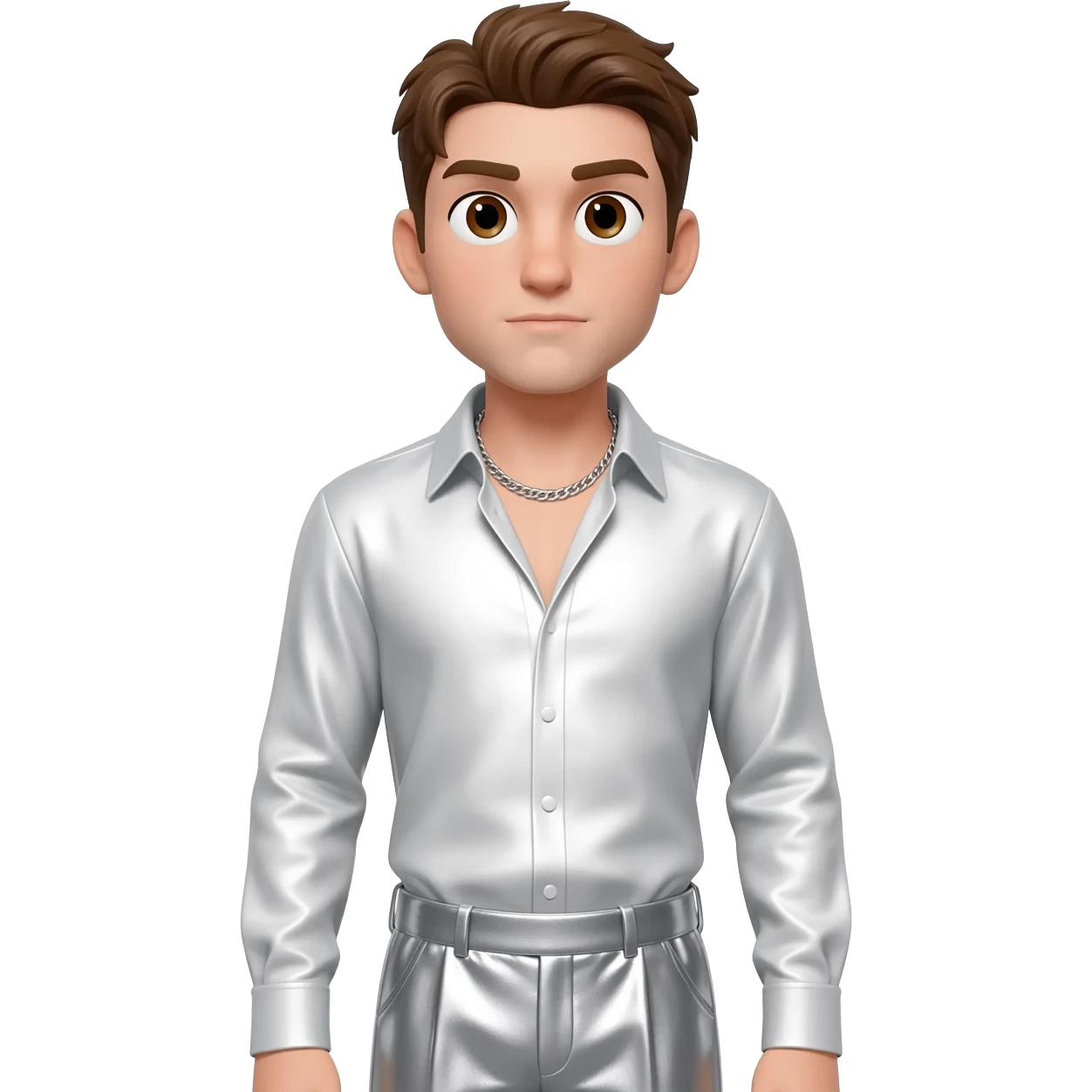Peter Allen with brown eyes, brown hair, white metallic shirt, silver metallic baggy pants, silver necklace emoji