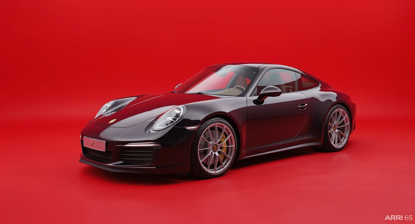 Medium shot of a porsche 911, body of car made of russian capret, red solid studio background, low keu light, top soft light, dutch angle,  captured by ARRI 65 emoji