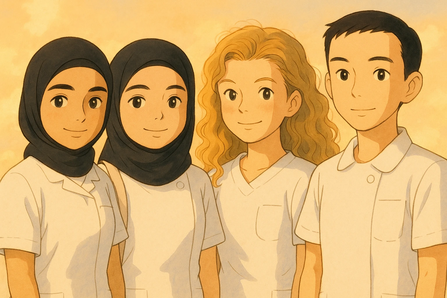 Illustration style Ghibli of four nursing students standing side by side in a warm atmosphere. They wear short-sleeved white uniforms without undershirts or stethoscopes. The background is soft and luminous. Each student is inspired by the four provided faces in the reference images. emoji