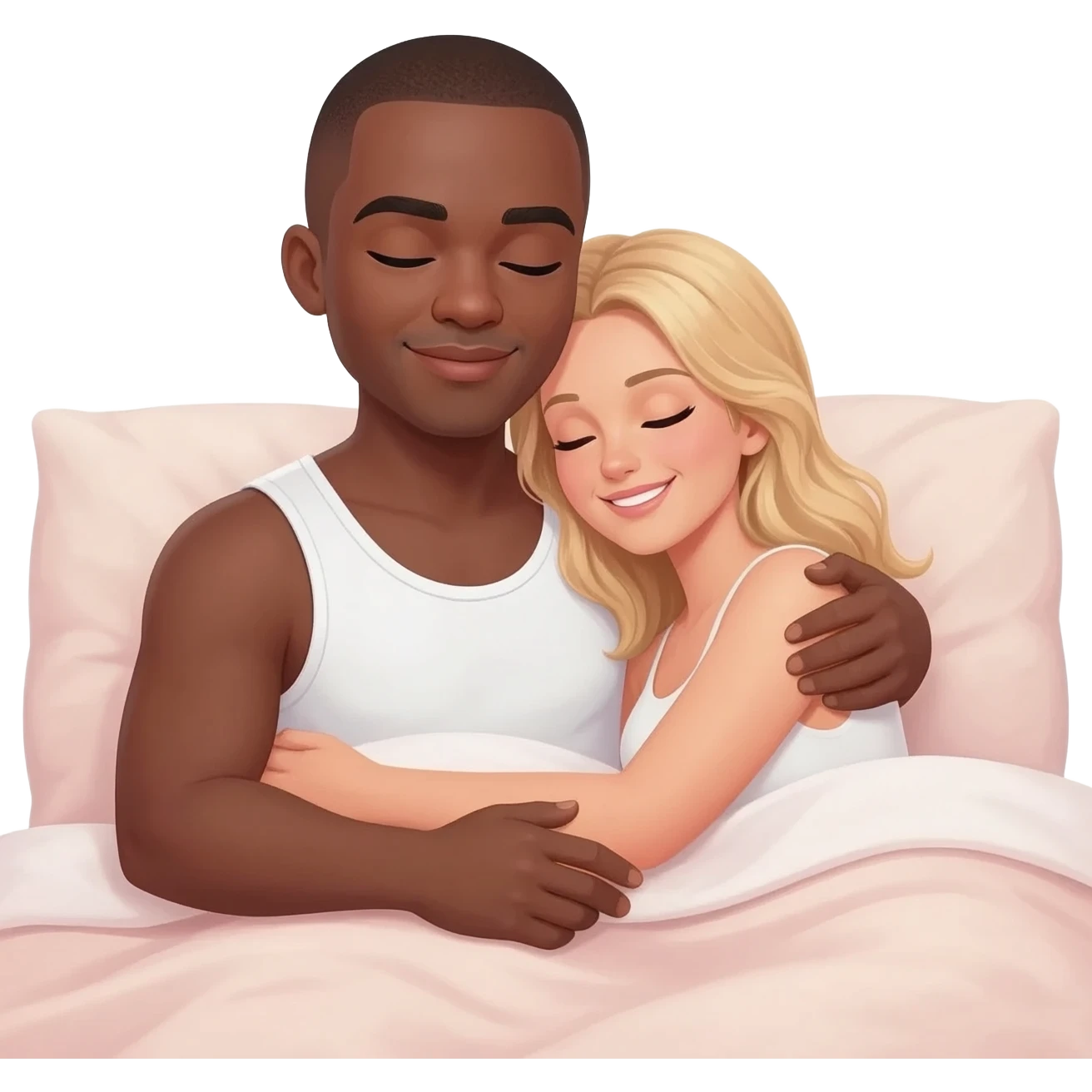 Black man with shaved head cuddling with blonde woman in bed emoji