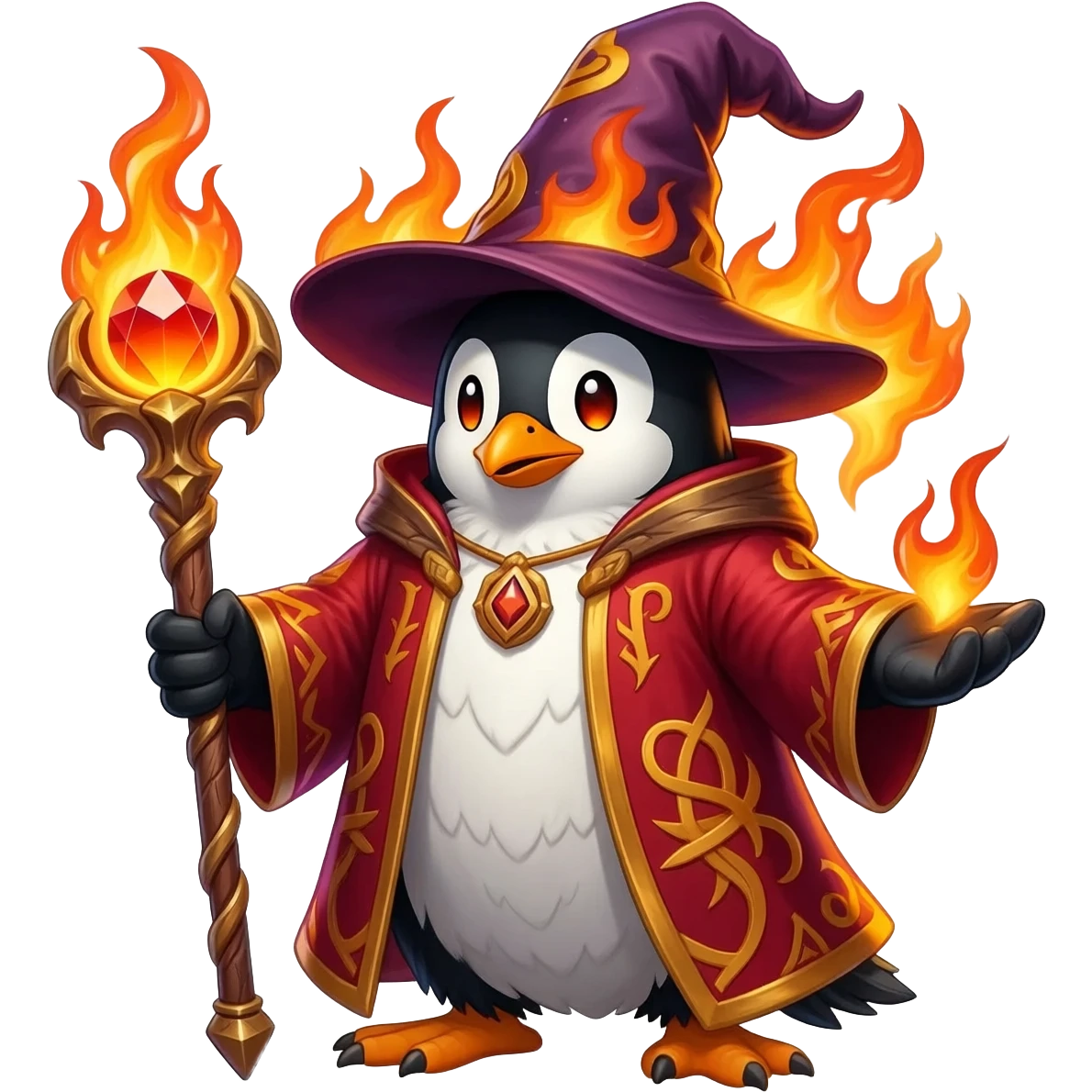 Vibrant fire wizard penguin with black-and-white feathers and glowing fiery-orange eyes. Wearing crimson-and-gold robes with flaming runes and tall wizard hat with burning embers. Holding ornate staff with blazing crystal orb. Swirling orange flames and embers emanate from its body emoji