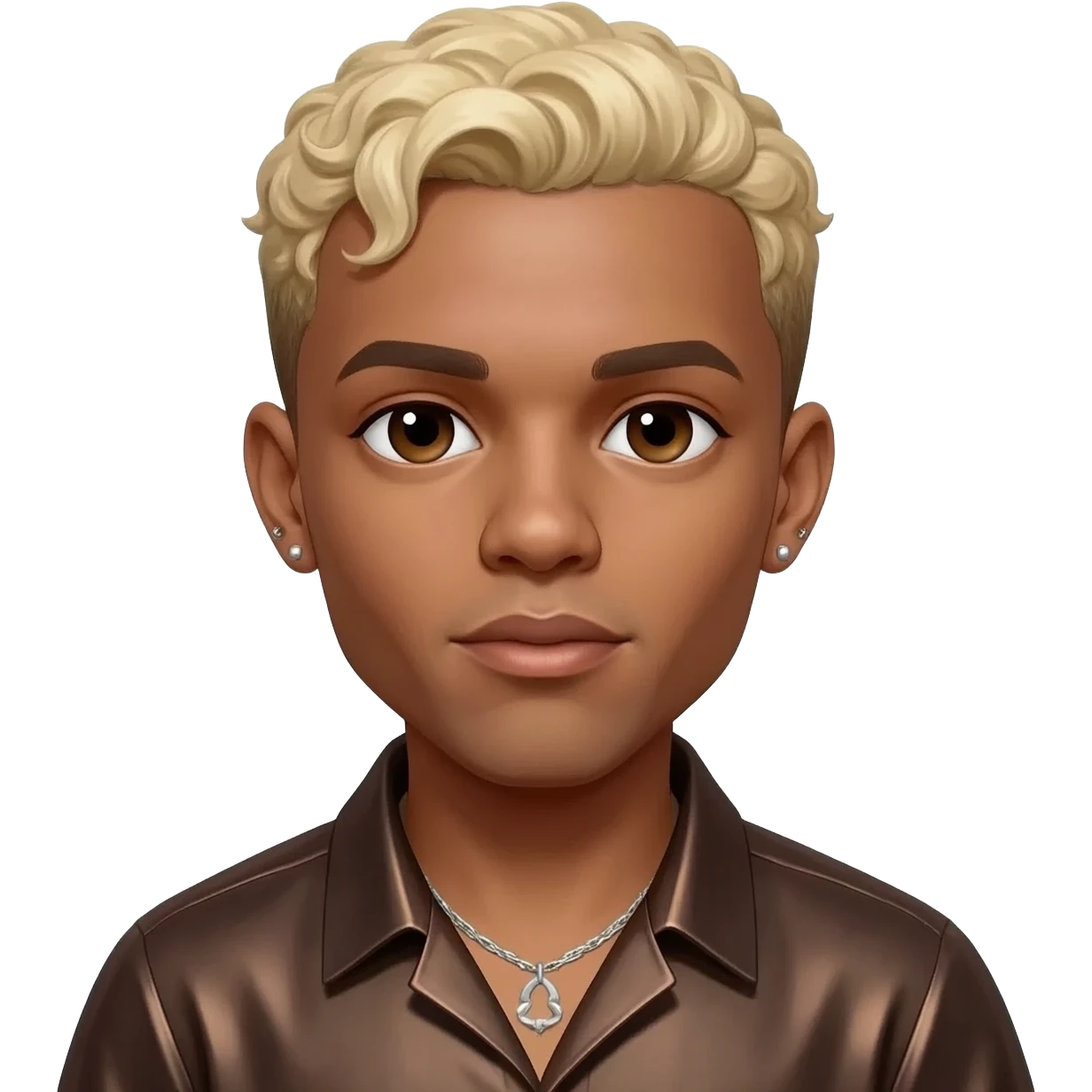 Chris Brown with dark brown eyes, blonde hair, dark brown metallic shirt, silver necklace and short earrings emoji