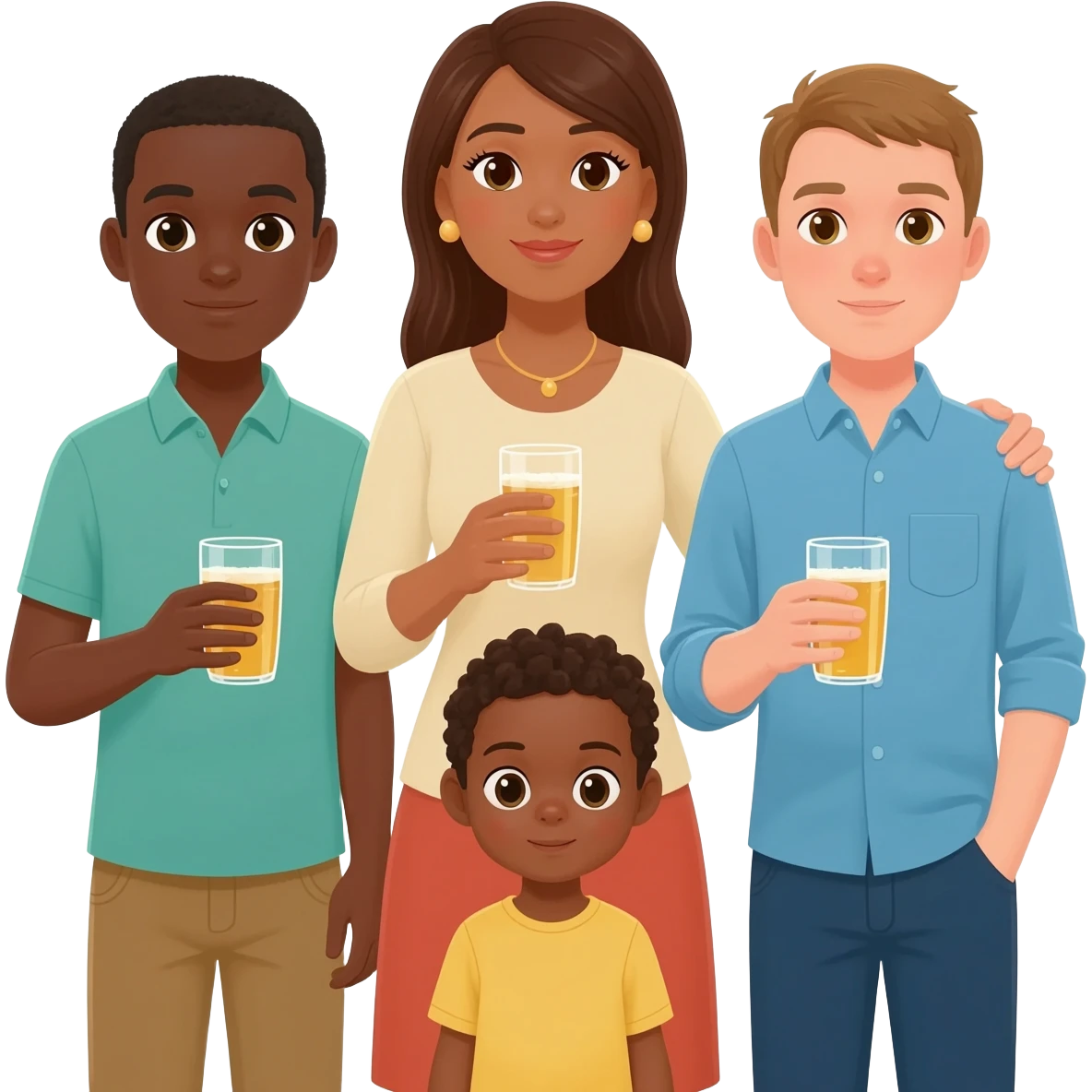 A woman emojie that looks after her old brothers one has a black skin two are light skinned while they are drinking add one more child that is brown light skinned emoji