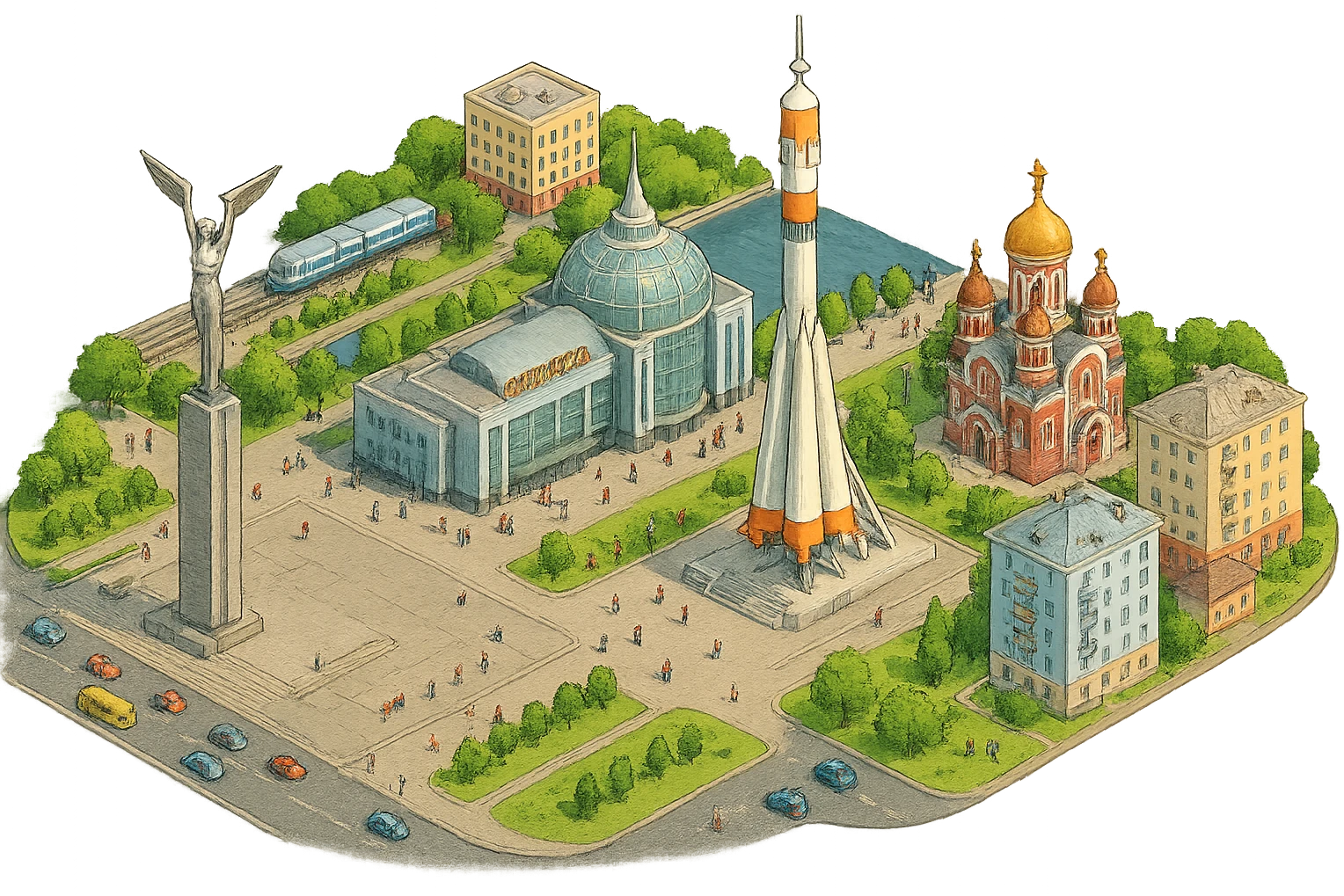 Изометричная чёткая миниатюрная фотореалистичная 3D модель панорамы Самары — Площадь Славы с фотореалистичный Монументом Славы, Памятный комплекс ракеты-носителя «Союз», Храм Пресвятого Сердца Иисуса, Самарский железнодорожный вокзал, набережная Волги, дома, люди, автотранспорт. Вид сверху в изометрии, яркие цвета, мультяшная рисованная реалистичность, прозрачный фон, компактная композиция. emoji